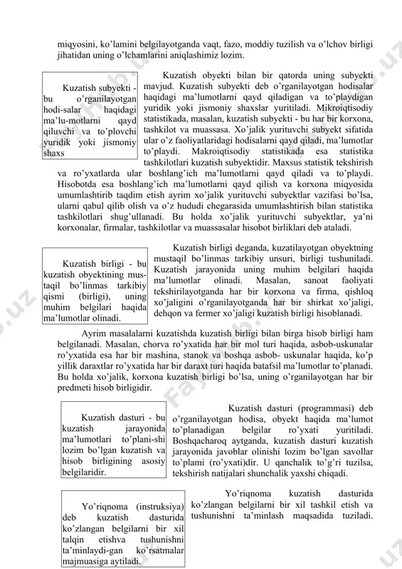 ish vaqti, qayerda? deganda kuzatish joyi, qanday qilib? deganda kuzatish usullari va turlari, qancha? deganda kuzatish belgilarining miqdoriy ifodalanishi nazarda tutiladi. bular statistik kuzatishning dasturiy-uslubiy va tashkiliy unsurlarini tashkil etadi kuzatish obyekti - bu o’rganilayotgan hodisalar va jarayonlar, ya’ni korxonalar va tashkilotlar, xo’jaliklar, kishilar, oilalar, uy xo’jaliklari, va hokazolarni ularning faoliyati jihatidan qaralgan to’plami. ularning muhim belgilari haqida ma’lumotlar to’planadi va ular asosida to’plamni ta’riflaydigan umumlashtiruvchi ko’rsatkichlar hisoblanadi. kuzatish obyektining aniq miqyosini, ko’lamini belgilayotganda vaqt, fazo, moddiy tuzilish va o’lchov birligi jihatidan uning o’lchamlarini aniqlashimiz lozim. kuzatish subyekti - bu o’rganilayotgan hodi-salar haqidagi ma’lu-motlarni qayd qiluvchi va to’plovchi yuridik yoki jismoniy shaxs kuzatish obyekti bilan bir qatorda uning subyekti mavjud. kuzatish subyekti deb o’rganilayotgan hodisalar haqidagi ma’lumotlarni qayd qiladigan va to’playdigan yuridik yoki jismoniy shaxslar yuritiladi. mikroiqtisodiy statistikada, masalan, kuzatish subyekti - bu har bir korxona, tashkilot va muassasa. xo’jalik yurituvchi subyekt sifatida ular o’z faoliyatlaridagi hodisalarni qayd qiladi, ma’lumotlar …