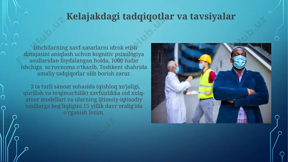odlarda o'tkazilgan baholashda, xavfsizlik madaniyati darajasi 3 balldan 2,5 ballni tashkil etdi, bu esa qo'shimcha treninglar va tizimli yaxshilanishlarni talab qilishini bildiradi. xavfsizlik qoidalariga rioya qilish xavfsizlik qoidalariga rioya qilish, 2022-yilda oʻzbekistonning avtomobilsozlik zavodlarida 30% ga ishchi jarohatlari sonini kamaytirdi, bu esa ish joyidagi xavfsizlik madaniyatini o'rgatishning muhimligini tasdiqlaydi. samarqand viloyatidagi kimyo zavodlarida amalga oshirilgan xavfsizlik standartlariga rioya qilish bo'yicha o'quv dasturi, ishchi hodisalarning 25% ga kamayishiga va ish unumdorligining 10% ga oshishiga olib keldi. xavfsizlikni ta'minlash bo'yicha treninglar 2023-yilgi maʼlumotlarga koʻra, xavfsizlik boʻyicha 3 kunlik treningdan oʻtgan ishchilarning 65% ish joyidagi xavf-xatarlarni aniqlashda yaxshilanish koʻrsatgan. xavfsizlikka oid treninglarning samaradorligi 80% ga yetadi, agar ular amaliy mashgʻulotlarni oʻz ichiga olsa va toshkentdagi kabi yirik shaharlarda oʻtkazilsa. stress va charchoqning ta'siri stress va charchoq ish unumdorligini 20-30% ga pasaytirishi mumkin, bu esa xavfsizlik qoidalariga rioya qilish ehtimoli va samarqanddagi zavodlarda baxtsiz hodisalar sonining ortishiga olib kelishi mumkin. 2019 yilda o'tkazilgan tadqiqotlar …