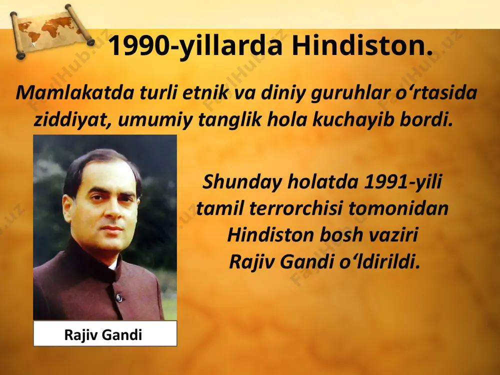 lidan jadal ketmoqda. bu mamlakatning yangi davr da’vatlariga munosib javob berishi uchun kuchli asos hisoblanadi. tashqi siyosatda hindistonning bosh maqsadi dunyoning yetakchi davlatlaridan biriga aylanishdir. xxi asrda ham hindiston tashqi siyosati an’anaviy yo‘nalishda davom etmoqda. savol va topshiriqlar 1. narasimxa rao hukumati amalga oshirgan islohotlar natijasida hindiston 1990-yillari qanday yutuqlarga erishdi? 2. a.b.vajpai hukumati qanday muhim tadbirlarni amalga oshirdi? 3. hindiston xxi asrda qanday yutuqlarga erishishni maqsad qilib rivojlanmoqda? 4. xxi asrda hind jamiyati oldida qanday dolzarb muammolar turibdi? image2.jpeg image3.jpeg image4.emf image5.jpeg image6.jpeg image7.jpeg image8.jpeg image9.jpg image10.emf image11.png image12.jpeg image13.emf image14.jpeg image15.jpeg image16.jpeg image17.jpeg image18.jpeg image1.jpeg