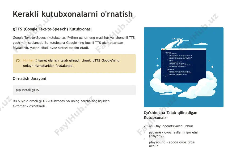 uchun pyttsx3 kutubxonasidan foydalanish tavsiya etiladi. bu offline ishlaydi va ko'proq sozlamalarga ega. pip install pyttsx3 pyttsx3 dan foydalanish namunasi import pyttsx3 engine = pyttsx3.init() engine.setproperty('rate', 150) # so'zlash tezligi engine.setproperty('volume', 0.9) # ovoz balandligi engine.say('bu matn turli tezlikda aytiladi') engine.runandwait() gtts afzalliklari yuqori sifatli ovoz ko'p tillarni qo'llab-quvvatlash oson ishlatish google texnologiyasi pyttsx3 afzalliklari offline ishlash tezlik sozlamasi ovoz balandligi sozlamasi turli ovoz variantlari kod namunasi: o'zbek tilida to'liq ishchi kod namunasi from gtts import gtts import os import sys # matn va til sozlamalari matn = "assalomu alaykum, python dasturchilari! bu oddiy tts namunasi." til = 'uz' try: # tts obyektini yaratish tts = gtts(text=matn, lang=til, slow=false) # ovoz faylini saqlash fayl_nomi = "salom_uz.mp3" tts.save(fayl_nomi) print(f"ovoz fayli '{fayl_nomi}' muvaffaqiyatli yaratildi!") # faylni ijro etish (windows uchun) if sys.platform == "win32": os.system(f"start {fayl_nomi}") elif sys.platform == "darwin": # macos os.system(f"open {fayl_nomi}") else: # linux os.system(f"xdg-open {fayl_nomi}") except exception as …