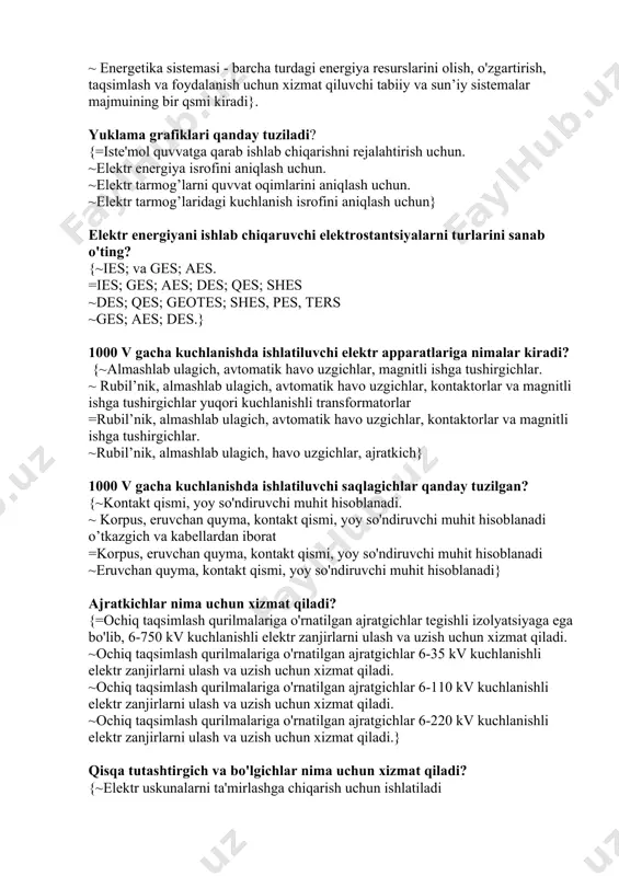 so'ndiruvchi muhit hisoblanadi ~eruvchan quyma, kontakt qismi, yoy so'ndiruvchi muhit hisoblanadi} ajratkichlar nima uchun xizmat qiladi? {=ochiq taqsimlash qurilmalariga o'rnatilgan ajratgichlar tegishli izolyatsiyaga ega bo'lib, 6-750 kv kuchlanishli elektr zanjirlarni ulash va uzish uchun xizmat qiladi. ~ochiq taqsimlash qurilmalariga o'rnatilgan ajratgichlar 6-35 kv kuchlanishli elektr zanjirlarni ulash va uzish uchun xizmat qiladi. ~ochiq taqsimlash qurilmalariga o'rnatilgan ajratgichlar 6-110 kv kuchlanishli elektr zanjirlarni ulash va uzish uchun xizmat qiladi. ~ochiq taqsimlash qurilmalariga o'rnatilgan ajratgichlar 6-220 kv kuchlanishli elektr zanjirlarni ulash va uzish uchun xizmat qiladi.} qisqa tutashtirgich va bo'lgichlar nima uchun xizmat qiladi? {~elektr uskunalarni ta'mirlashga chiqarish uchun ishlatiladi ~bu kommutatsion apparatlar elektr zanjirlarida qisqa tutashuvlardan himoyalash uchun xizmat qiladi =bu kommutatsion apparatlar elektr zanjirlarida sun'iy qisqa tutashuvni hosil qilish uchun hizmat qiladi. ~transformatorlarning cho’lg’amlarini qisqa tutashuvlardan himoyalash uchun xizmat qiladi} havodagi elektr uzatish liniyalarining asosiy konstruktiv elementlariga nimalar kiradi? {=o'tkazgichlar, troslar, izolyatorlar va uzatish liniyasi armaturasi. ~o'tkazgichlar, tayanchlar, troslar, izolyatorlar …