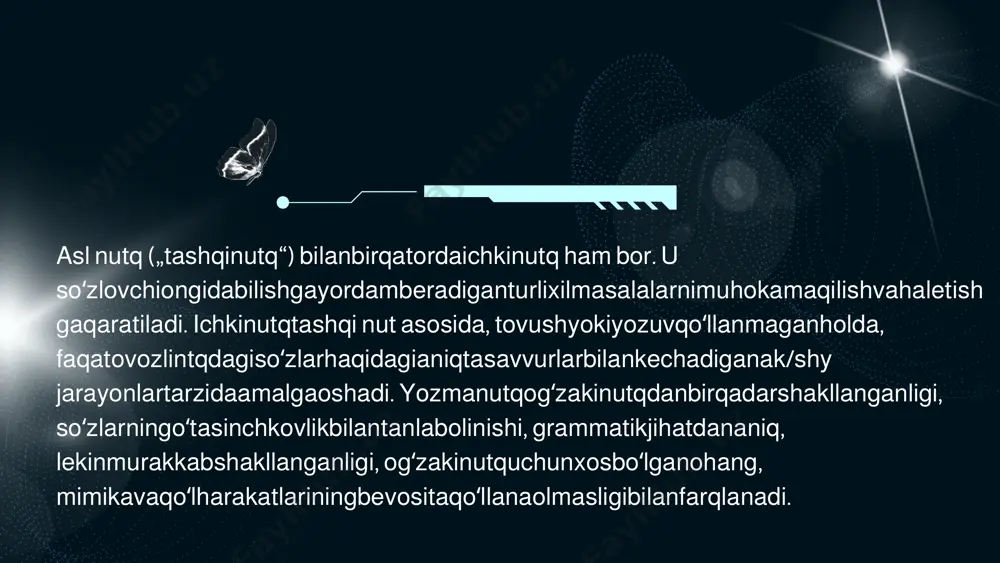 ar bilan ham hissiyot va hulq-atvor darajalarida hamfikrlikka erishish orqali o‘zaro ta’sir ko‘rsatishga imkon beradi. verbal muloqot faqat insonga xos bo‘lib, zarur shart sifatida tilni o‘zlashtirishni belgilab beradi. nutq muloqot vositasi sifatida bir vaqtning o‘zida ham axborot manbai sifatida, ham suhbatdosh bilan o‘zaro ta’sirlashuv vositasi sifatida namoyon bo‘ladi. buyuk shoir sa’diyning so‘zlarini yodda tutish lozim: «aqling bormi yoki yo‘q, buyukmisan yo kichik, biz bilmaymiz, sen bir so‘z atmaguningcha». verbal (nutq) muloqot tarkibiga: so‘zlar, iboralar ma’nosi va mohiyati kiradi. asosiy o‘rinni so‘zning qo‘llanilish aniqligi, uning ifodalanishi va hammabopligi, tovushlar, so‘zlar talaffuzi, ohang ifodasi va mohiyati egallaydi. nutqdagi tovush hodisalari: nutq jadalligi, tovush balandligi modulyasiyasi, tovush toni, nutq vazni, tovush sifati, ohangi, aniqligidan iborat. muloqot, odatda, beshta: shaxslararo, kognitiv, kommunikativ-axborotli, emotiv va konativ tomonlarining birligida namoyon bo‘ladi. muloqotning shaxslararo tomoni insonning bevosita atrof-muhiti: boshqa odamlar va o‘z hayotida bog‘liq bo‘ladigan umumiyliklar bilan o‘zaro ta’sirini aks ettiradi. muloqotning kognitiv tomoni suhbatdoshning kim, qanday …