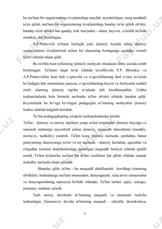 trofimiz haqida ilmiy qarashlarga ega. har tomonlama barkamol shaxsni shakllantirish zamonaviy ta’limning asosiy maqsadiga aylanib bormoqda. ta'limning pedagogik qonuniyatlari har qanday o'ziga xos sharoitlarda umumiy barqaror xususiyatlarga ega bo'lgan ta'lim jarayonining ob'ektiv realligini adekvat aks ettiradi. ta'limning quyidagi shakllarini ajratib ko'rsatish mumkin: - bolani uning shaxsiyati tarkibida ijtimoiy-psixologik neoplazmalarni shakllantirishga o'rgatish faqat bolaning o'zi faoliyati orqali amalga oshiriladi. uning sa'y-harakatlari darajasi uning imkoniyatlari darajasiga mos kelishi kerak. har qanday ta'lim vazifasi faol harakatlar orqali hal qilinadi: jismoniy rivojlanish; jismoniy mashqlar; axloqiy; boshqa odamning farovonligiga doimiy e'tibor berish; intellektual; aqliy faoliyat; intellektual muammolarni hal qilish. bolalarni tarbiyalash jarayonidagi faoliyatining mazmuni rivojlanishning har bir daqiqasida bolaning hozirgi ehtiyojlari bilan belgilanadi. mavjud ehtiyojlarni oldindan bilib, o'qituvchi bolalarning qarshiligi va passivligiga duch kelish xavfini tug'diradi. agar bolaning ehtiyojlaridagi yoshga bog'liq o'zgarishlar hisobga olinmasa, ta'lim jarayoni qiyinlashadi va buziladi. dastlabki bosqichda bolaning sa'y-harakatlari va o'qituvchining zamonaviy faoliyatdagi sa'y-harakatlari o'rtasidagi mutanosib munosabatni saqlab turish, o'qituvchining faollik …