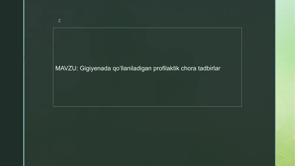 ddiy gigiyenik tadbirlarni amalga oshirgan z z z https://www.instagram.com/reel/dca4njbovv2/?igsh=mw9ua3b3zhf2z2kydw== z z z z z z z z z z z xulosa gigiyena fani inson salomatligini saqlash va mustahkamlashga qaratilgan fan hisoblanadi u kasalliklarining oldini olish va sogʻlom hayot tarzini shakllantirish uchun muhim tadbirlar majmuasini ishlab chiqadi profilaktik chora tadbirlar inson va jamiyatning umumiy soligʻini saqlash kasalliklarni oldini olish hamda hayot sifatini oshirishda asosiy ahamiyat kasb etadi ushbu chora tadbirlarning muntazam va toʻgʻri qoʻllanishi sogʻlom avlodni tarbiyalash va jamiyatda sogʻlom muhitni shakllantirish uchun muhim omildir z eʼtiboringiz uchun rahmat z image4.jpeg image5.jpeg image6.jpeg image7.jpeg image8.jpeg image9.jpeg image10.jpeg image11.jpeg image12.jpeg image13.jpeg image14.jpeg image15.jpeg image16.jpeg image17.jpeg image18.jpeg image19.jpeg image20.jpeg image21.jpeg image22.jpeg image23.jpeg image24.jpeg image25.jpeg image26.jpeg image27.jpeg image28.jpeg image29.jpeg image30.jpeg image31.jpeg image32.jpeg image2.png image3.png /docprops/thumbnail.jpeg