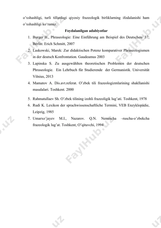 5. rahmatullaev sh. o’zbek tilining izohli frazeoligik lug’ati. toshkent, 1978 6. rudi k. lexikon der sprachwissenschaftliche termini, veb enzyklopädie, leipzig, 1985 7. umarxo’jayev m.i., nazarov. q.n. nemischa –ruscha-o’zbekcha frazeologik lug’at. toshkent, o’qituvchi, 1994
