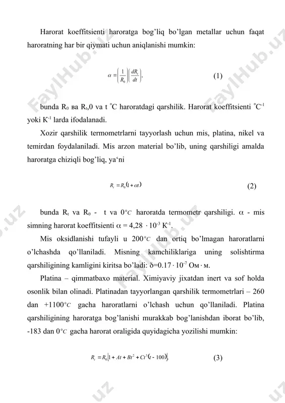 n aniqlanadi, b qiymat esa, termometr tayyorlaydigan yarimo’tkazgich materialiga bog’liq. - 100 dan + 300 gacha haroratlarni o’lchash uchun oksidlanuvchi yarim o’tkazgich materiallardan foydalaniladi. yarimo’tkazgichli termometrlar ko’proq termosignalizatsiya va avtomatik himoya qo’rilmalarida qo’llaniladi. 2. qarshilik termometrlarining to’zilishi qarshilik termometrlari termoelement va tashqi himoya armaturadan tuzilgan. metall qarshilik termometrlarining sezgir elementi, odatda, shisha, kvars, keramika, smola yoki plastmassadan qilingan karkasga o’ralgan sim yoki lentadan iborat. sezgir element termometr o’zining qisqichlariga o’lchov asbobiga boradigan simlar ulangan. mis qarshilik termometrlarining sezgir elementi 0,1 mm diametrli karkasga bir necha qavat o’ralgan, izolyatsiya qilingan mis simlardan tashkil topgan. sim qavatlari uzaro va karkas laki bilan maxkamlanadi. simning ikkala uchga 1 – 1,5 mm diametrli mis quloqchalar kavsharlanadi. sezgir element himoya qobig’iga joylashtiriladi. karkasliklardan tashqari bu termometrlarning karkassiz sezgir elementlari ham chiqariladi. sezgir element 1 izolyatsiya qilingan 0,08 mm diametrli simdan induktivliksiz karkassiz uramga ega bo’lgan holda yasaladi (1-rasm). aloxida qavatlari lak bilan maxkamlanadi va sungra …