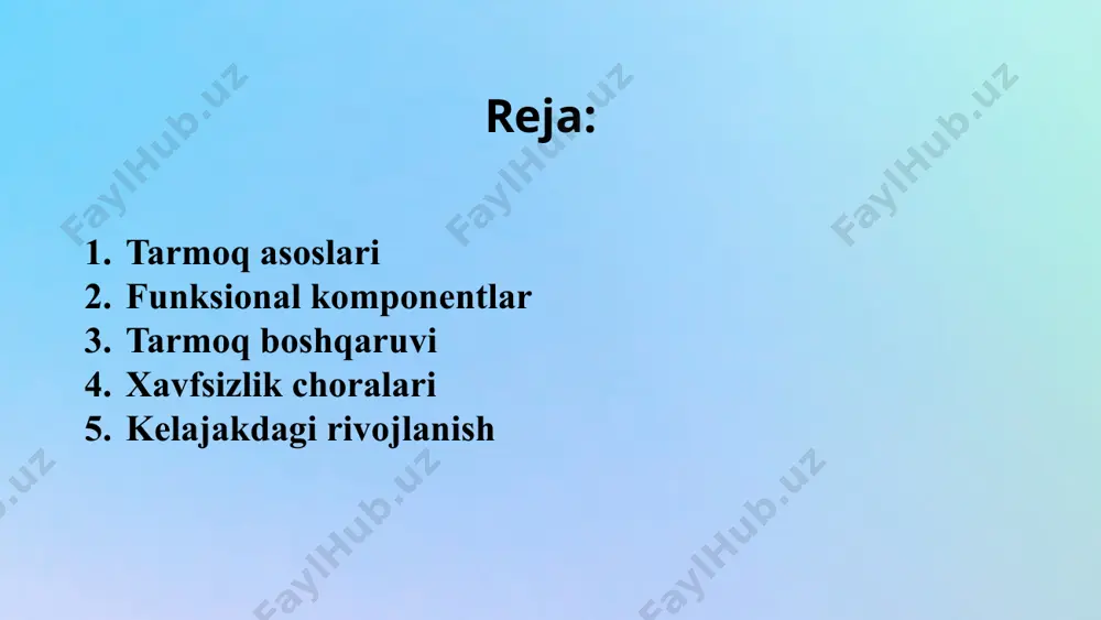 . ma'lumotlarni himoyalash ma'lumotlarni himoyalash, o'zgaruvchan tahdidlar va har xil xujumlardan himoya qilish uchun turli metod va vositalarni o'z ichiga oladi. tarmoqni himoya qilish strategiyalari tarmoq himoyasining samaradorligi uchun turli strategiyalarni amalga oshirish kerak, masalan, firewall, shifrlash va xavfsizlik buzilishlariga qarshi choralar. kelajakdagi rivojlanish 05 yangi texnologiyalar texnologiyalarning tezkor rivojlanishi bilan tarmoqlar ham yangilanadi. sun'iy intellekt, iot va 5g kabi texnologiyalar kutilayotgan o'zgarishlarni taqdim etadi. inkluziv tarmoqlar inkluziv tarmoqlar, barcha foydalanuvchilar uchun teng imkoniyatlarni taqdim etadi. bu tarmoqlar, maxsus ehtiyojlari bo'lgan shaxslar uchun qulay bo'lishi kerak. mobil va bulutli xizmatlar mobil va bulutli xizmatlar, foydalanuvchilarga qayerda bo'lishidan qat'iy nazar, tarmoqqa kirish imkoniyatini beradi va samaradorlikni oshiradi. xulosa image4.jpeg image5.jpeg image6.png image7.jpeg image8.png image9.jpeg image10.png image11.jpeg image12.png image13.jpeg image14.png image15.png image2.jpeg image3.jpeg image1.png