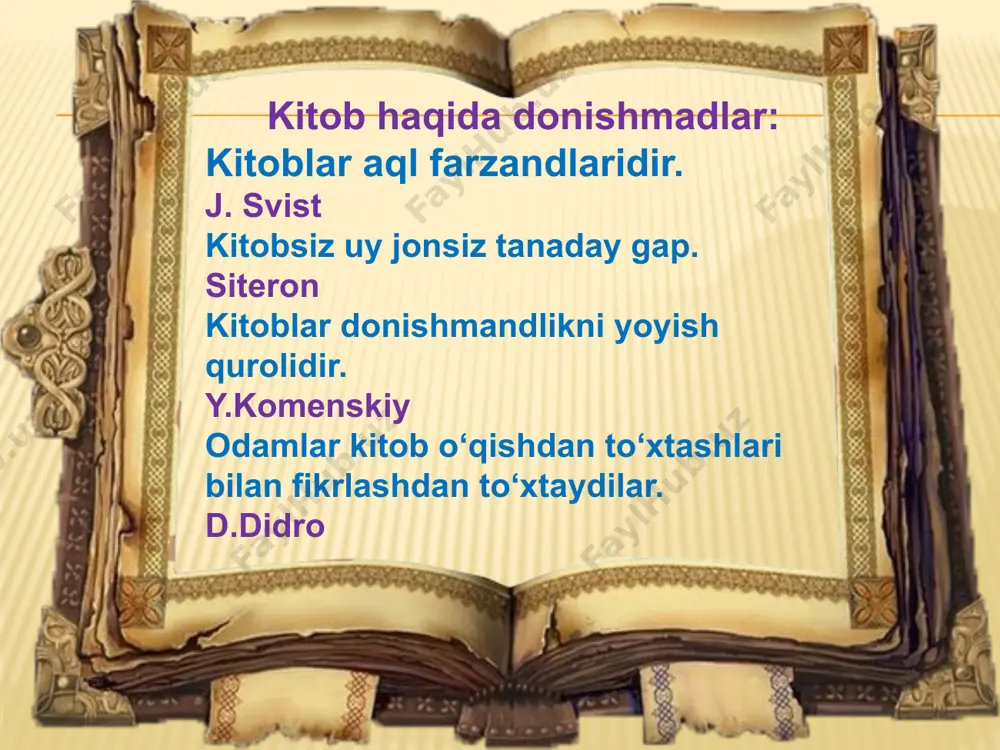 onlashtirish niyatida «kichik avesto» yaratildi. (beruniy). avesto zardushtiylikning muqaddas yozuvi hisoblangan, 2000 yil davomida yaratilgan. dunyodagi eng katta kitobning bo‘yi 3 m 80 sm, eni 3 m 50 sm bo‘lgan kitob esa eng katta atlas kitob hisoblanadi. u dunyodagi eng og'ir kitob londonning britaniya muzeyida saqlanadi, og'irligi 320 kilogrammdir. dunyoning 12 ta eng kichik kitobi bir osh qoshig'ida joylashadi. ular orasida: 1) qur'oni karimning mitti nashri; 2) 12 000 so'zli ingiz tili lug'ati; 3) galiley galileo asarlari to'langan kitobcha (uning kattaligi pochta markasining yarmicha keladi va 208 sahifadan iborat); 4) yangi ahd (bu kitobcha 1896 yilgacha dunyodagi eng kichik nashr hisoblangan); 5) shoir robert berns sh'erlari to'plangan jild (pergamentda); 6) fransuz spravochnigi; 7) nemis spravochnigi; 8) muso qonunlari kitobi (qadimgi yahudiy kitobidagi eng kichik kitob); 9) hindlarning "gita" kitobi (sanskritda); 10) irland va shotland qo'shiqlari to'plami (notalari bilan); 11) fransiya konstitutsiyasi (kitobcha oltin suvi yuritilgan teridan qilingan muqova bilan qoplangan); …