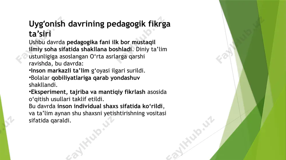 tablar tashkil etish tarafdori bo‘lgan. ta’limda diniy axloqiylikni saqlab qolishga harakat qilgan. ✅ françois rabelais (1494–1553) o‘zining "gargantua va pantagruel" asarida kritik pedagogik g‘oyalarni ilgari surdi. o‘qish va o‘rganish bolalar uchun majburiy ish emas, balki qiziqarli faoliyat bo‘lishi kerakligini aytdi. tajriba, harakat, kuzatuv va o‘yin orqali ta’lim usullarini ilgari surdi. ilmiy asosdagi pedagogikaning shakllanishi bu davrda pedagogik g‘oyalar faqat diniy qarashlarga emas, balki ilmiy asosga, psixologik va ijtimoiy holatlarga tayangan holda shakllana boshladi. quyidagi o‘zgarishlar sodir bo‘ldi: o‘quv dasturlari boyitildi (matematika, tabiiy fanlar, falsafa, geografiya). bolaning tabiati, qobiliyati e’tiborga olinadigan bo‘ldi. o‘qituvchi va ota-onalarning roli qayta baholandi — ular bolaning yo‘l ko‘rsatuvchisi sifatida ko‘rildi. pedagogik asarlar va ularning mazmuni “utopia" – tomas mor (1516) ideal jamiyatda ta’lim qanday bo‘lishi kerakligi haqida o‘z fikrlarini ilgari surgan. har bir fuqaro bilimli bo‘lishi zarurligini ta’kidlaydi. "gargantua va pantagruel" – rabelais satirik asar bo‘lsa-da, unda ta’lim jarayonida erkinlik, ijodkorlik va bolaning shaxsiyati e’tiborga olinishi …