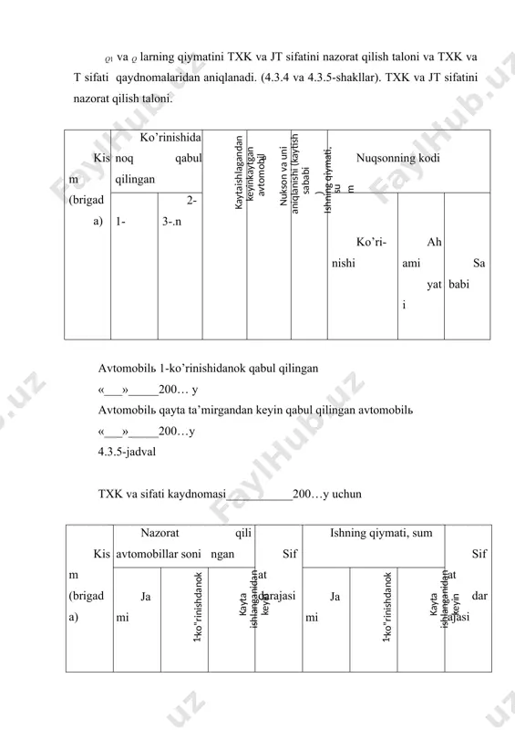 qismiga avtomobil’ bilan birga bir vaqtda yuboriladi. alohida qismlar (brigadirlar) va butun avtomobillarga txk korxonasida ishlar sifati bo’yicha axvolni tezkor tahil etish uchun hamda ishlardagi nuqsonlarni bartaraf etish bo’yicha tegishli chora-tadbirlar qo’llashi uchun txk va jt sifatini nazorat qilish taloni asosida tnb ustasi tomonidan txk va jt sifati qaydnomasi va nuqsonlar qaydnoma (shakl)larni tuldiradi, uni avtomobillarga txk korxonasining bosh muhandisiga o’zatiladi. nuqsonlar qaydnomasini to’ldirishda tasnifdan foydalaniladi (jadval). 6-shakl. nuqsonlar qaydnomasi «______»____________200…yil uchun. qism (brigada) ijrochi nuqsonlar miqdori jami turlari bo’yicha ahamiyati bo’yicha sabablari bo’yicha kod kod kod hammasi tnb ustasi ________ (imzosi) nuqsonlarning tasniflari. 8-jadval kod nuqsonning (nomi) turi kod nuqsonning ahamiyati (nomi) kod nuqsonning sabablari (nomi) 11 ishning bajarilishi sifatsiz 21 harakat xavfsizligiga ta’sir etuvchi nukson (harakat xavfsizligiga ta’sir etuvchi avtomobilning tugunlar va buyumlarida aniqlangan nuksonlar ushbu shifirda belgilanadi) 31 ijrochining sovukkonlik bilan munosabatda bo’lishi. 12 ish xajmining bajarilmaganligi 22 ko’rinadigan nukson va buyurtmachining noroziligini keltirib chiqarishi mumkin (buyashdagi,tekislashdagi,bajarishda …
