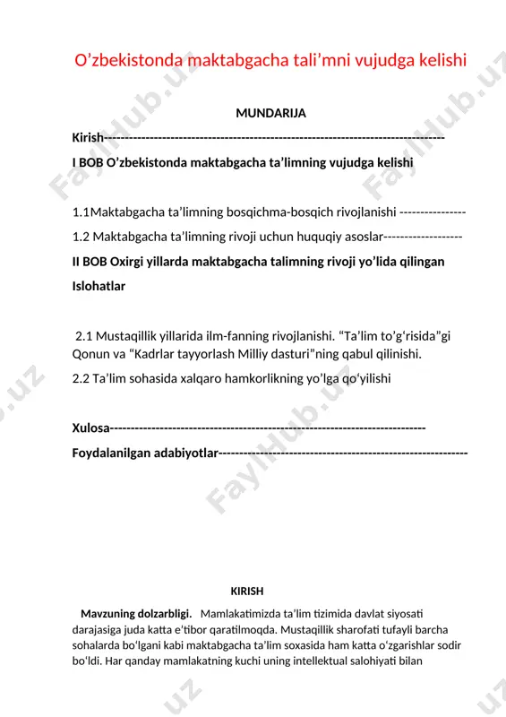 fkuraviy qarashlar va sarqitlardan to‘la xalos etish, rivojlangan demokratik davlatlar darajasida, yuksak ma‘naviy va axloqiy talablarga javob beruvchi yuqori malakali, zamonaviy kadrlar tayyorlash hamda ta‘lim-tarbiya jarayonini takomillashtirish orqali samaradorlikni oshirishni taqozo etmoqda. mamlakatimizda ta’lim tizimiga davlat siyosati darajasida e‘tibor qaratilmoqda. o‘zbekiston respublikasi prezidentining 2017-2021 yillarga maktabgacha ta’lim tizimini yanada takomillashtirirsh chora-tadbirlari to’g’risidagi qarorlarida maktabgacha ta’lim tizimini moddiy texnika bazasini mustahkamlash, maktabgacha ta’lim tashkilotlari tarmog’ini kengaytirish, maktabgacha ta’lim tizimini qayta ko‘rib chiqish va yanada takomillashtirish vazifalari belgilab berilgan edi. ta’lim tizimi oldidagi davlat buyurtmasi o‘zbekiston respublikasi “ta’lim to‘g‘risida”gi qonunning asosiy g‘oyalarida o‘z aksini topgan. “ta’lim to‘g‘risida”gi qonun”da uzluksiz ta ‘lim tizimining maktabgacha ta ‘lim va tarbiya tizimida bolalarni o‘quv fanlari bo‘yicha muayyan bilimlarni egallashlari barobarida, ularning bilim olishga bo‘lgan ehtiyoji, mustaqil va ijodiy fikrlash, tashkllotchilik qobiliyatlari, amaliy tajriba va mehnat ko‘nikmalarini rivojlantirish, milliy va umuminsoniy qadriyatlarga asoslangan ma‘naviy-axloqiy fazilatlarni, atrof-muhitga ongli munosabatni tarkib toptirishi lozimligi qayd etilgan. mamlakatimizda ta’lim tizimida davlat …