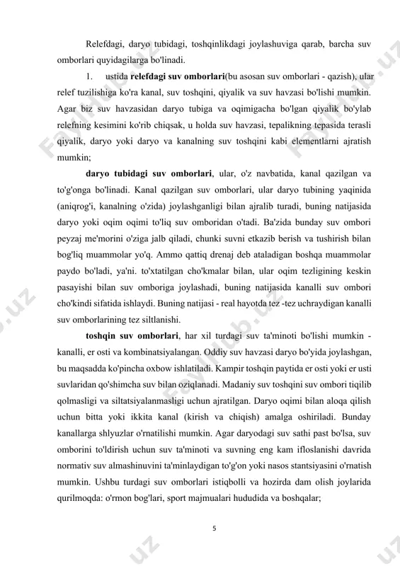 a tushirish bilan bog'liq muammolar yo'q. ammo qattiq drenaj deb ataladigan boshqa muammolar paydo bo'ladi, ya'ni. to'xtatilgan cho'kmalar bilan, ular oqim tezligining keskin pasayishi bilan suv omboriga joylashadi, buning natijasida kanalli suv ombori cho'kindi sifatida ishlaydi. buning natijasi - real hayotda tez -tez uchraydigan kanalli suv omborlarining tez siltlanishi. toshqin suv omborlari, har xil turdagi suv ta'minoti bo'lishi mumkin - kanalli, er osti va kombinatsiyalangan. oddiy suv havzasi daryo bo'yida joylashgan, bu maqsadda ko'pincha oxbow ishlatiladi. kampir toshqin paytida er osti yoki er usti suvlaridan qo'shimcha suv bilan oziqlanadi. madaniy suv toshqini suv ombori tiqilib qolmasligi va siltatsiyalanmasligi uchun ajratilgan. daryo oqimi bilan aloqa qilish uchun bitta yoki ikkita kanal (kirish va chiqish) amalga oshiriladi. bunday kanallarga shlyuzlar o'rnatilishi mumkin. agar daryodagi suv sathi past bo'lsa, suv omborini to'ldirish uchun suv ta'minoti va suvning eng kam ifloslanishi davrida normativ suv almashinuvini ta'minlaydigan to'g'on yoki nasos stantsiyasini o'rnatish mumkin. ushbu turdagi …