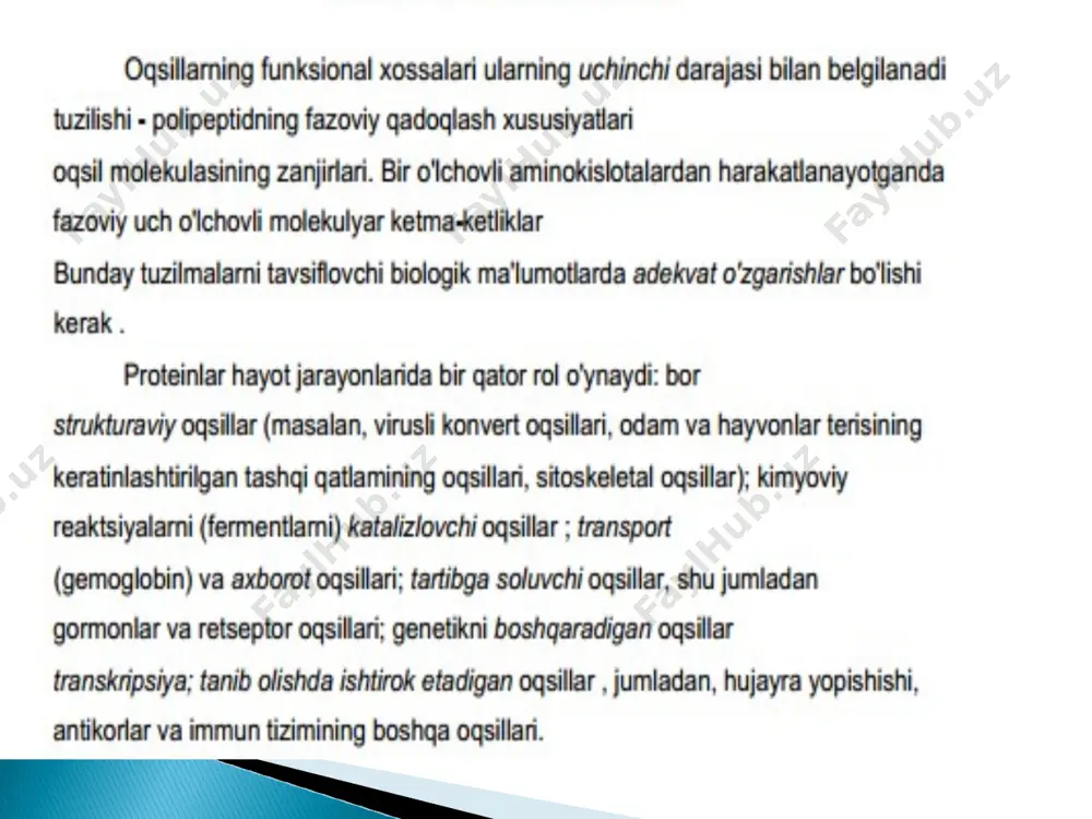 n aminokislotalar qoldiqlarining pozitsiyalari bilan aylanishlarning (a-spirallar va /3-barglarning iplari orasidagi) bog'liqligini kuzatish mumkin. hidrofobiklik profilida. hidrofobiklik profilidagi to'rtta asosiy minimal ­burilishlar pozitsiyalari yaqinida joylashgan. yana bir minimal sirtga ta'sir qiladigan maydonga to'g'ri keladi, lekin strukturada u burilishdan ko'ra /3 varaqning iplaridan biri hisoblanadi . minimalardan biri a-spiral ichida joylashgan. o'z navbatida, bir qator o'tishlar hidrofobiklik grafigidagi minimallarga mos kelmaydi. shunday qilib, ­foydali ma'lumotni hidrofobiklik profillaridan to'plash mumkin, ammo ulardan oqsil tarkibidagi barcha burilishlarni aniq taxmin qilish mumkin emas. moddaning empirik, molekulyar va strukturaviy ko’rinishlari bo’ladi. molekula quyidagilar asosida tuziladi: nuqtaviy strukturalar gibridlanish zig-zag (skelet) tuzilishlar elektromanfiylik kimyoviy ma'noda oqsil bir xil turdagi molekula bo'lib, u poliaminokislotalar zanjiri yoki polimeridir. u 20 turdagi aminokislotalar ketma-ketligidan iborat. oqsillarning tuzilishini o'rganib, odamlar hayron bo'lishdi: aminokislotalarning mutlaqo yangi ketma-ketligini loyihalash mumkinmi, shunda ular bajariladi. inson uchun zarur oddiy oqsillarga qaraganda ancha yaxshi ishlaydi? ushbu jasur g'oya uchun ism eng mos keladi protein muhandisligi. …