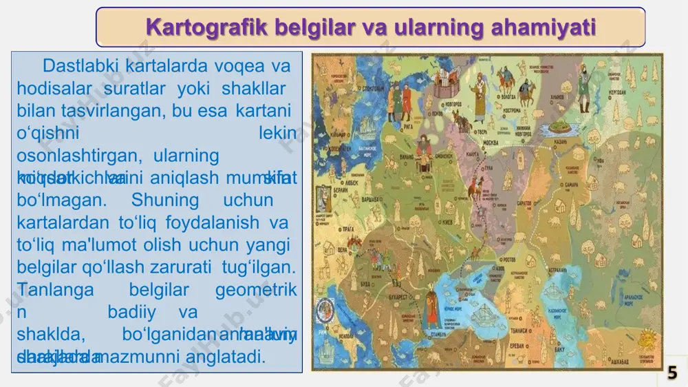 ar ishlatilishi mumkin. lekin bunda ranglar yaxshi tanlanishi kerak. xulosa: kartalardan foydalanish, uning mazmunini o‘qib tushunish, ya'ni karta to‘g‘risida to‘liq ma'lumot olish va kartaning o‘quvchanligini oshirish uchun kartaning tili hisoblangan shartli belgilar to‘g‘risida to‘liq tasavvurga ega bo‘lish talab etiladi. kartalarni loyihalash va tuzish ishlarida kartografik tasvirlash usullarini tushinish, bilish va kartalarni yaratishda tasvirlash usullaridan samarali hamda to'g'ri foydalana olish kartograf mutaxassisning majburiyati desak mubolag'a bo'lmaydi. e'tibоringiz uchun rahmat! image1.png image2.png image3.png image4.png image5.png image6.png image7.png image8.png image9.png image10.png image11.png image12.png image13.png image14.png image15.jpeg image16.png image17.png image18.png image26.png image27.png image28.png image29.png image30.png image31.png image32.png image33.png image34.png image35.png image19.png image20.png image21.png image22.png image23.png image24.png image25.png image36.png image37.png image38.png image39.png image40.png image41.png image42.png image43.png image44.png image45.png image46.png image47.jpeg image48.png image49.png image50.jpeg image51.jpeg image52.png image53.jpeg image54.jpeg image55.jpeg image56.png image57.png image58.jpeg image59.jpeg image60.png image61.png image62.jpeg image63.png image64.jpeg image65.png image66.jpeg image67.png image68.jpeg image69.png image70.jpeg image71.png image72.jpeg image73.jpeg image74.png image75.png image76.jpeg image77.png image78.jpeg image79.png image80.png image81.jpeg image82.jpeg …