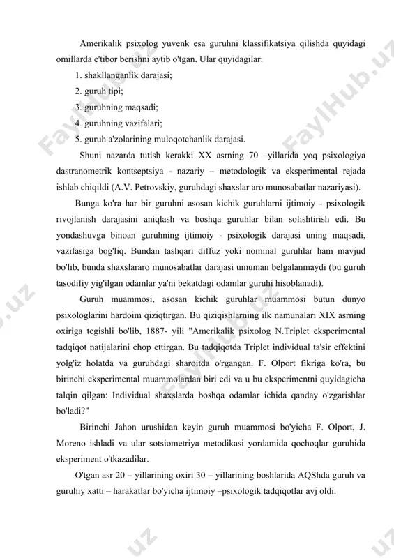yicha ijtimoiy –psixologik tadqiqotlar avj oldi. o'smirlar guruhi bo'yicha k. levin va r. lipetta tadqiqot olib borib, kichik guruhlarni rivojlanish qonunini va vazifalarini tushuntirishga harakat qilishdi. manashu vaqtlarda m. sherif ham guruhiy normalari bo'yicha laborotoriyali eksperiment, t. nyukomdala sharoitidagi guruhni holati bo'yicha eksperiment o'tkazadilar. guruh borasida qo'shimcha ishlar qilish ikkinchi jahon urushida imkon berdi. bu jarayonda admiral ch. nimitsani (tinch okeani flotiga komandir, keyinchalik ikkinchi jahon urushuning yagona katta boshlig'iga aylanadi) o'rni beqiyosdir. ch. nimitsa harbiy guruhni birdamligini oshirish va guruh tashkil qilish borasida ish olib borishga olimlarga buyruq bergan. urushdan keying davrda 80 - yillar da psixologlarda tashkilotdagi yoki ishlab chiqarishdagi guruhlarga qiziqish ortdi. shuningdek, rossiyada ham zamonaviy guruhlar muammosi ko'tarila boshlandi. d. bredford ishchi guruh va komanda o'rtasidagi farqlarni ochib bergan. lining fikricha, guruh - almashtirib bo'lmaydigan a'zolaridan individual kuch oladigan, faoliyat qatlami; komanda esa tizimli, bir maqsadda yig'ilgan shaxslar yig'indisi. uning fikricha, komanda guruhni rivojlanishidan kelib chiqadi. …