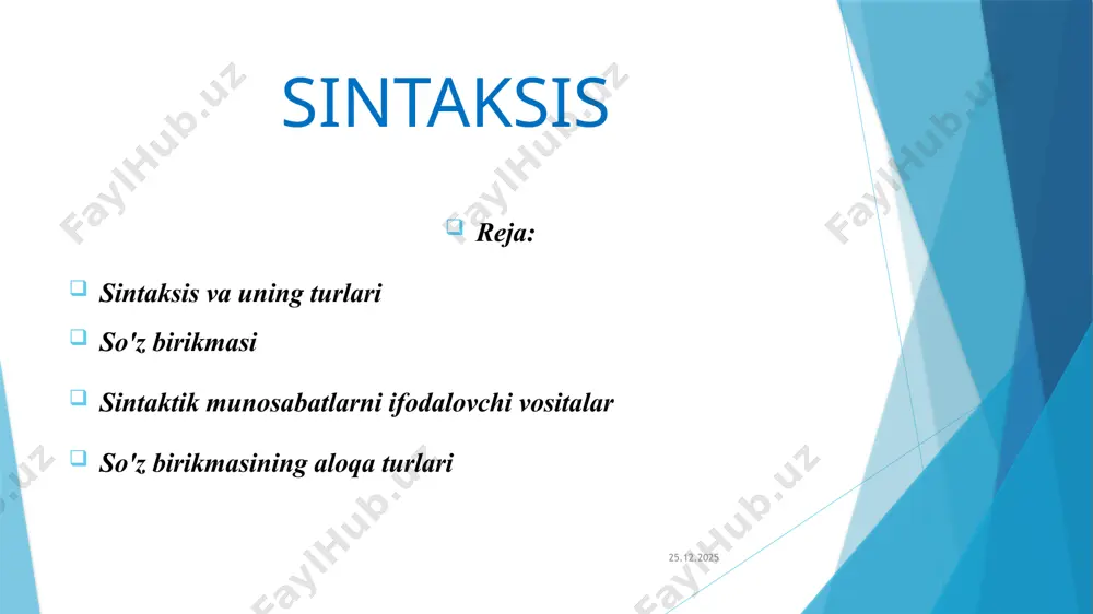 i; 08.05.2024 so'z birikmasi - so'zlar o'zaro sintaktik bog'lanib,tushuncha ifodalovchi birlik so'z birikmasini hosil qiladi. u gaptarkibida unli hosil qiluvchi unsure hisoblanadi. gap-so'zlar sintaktik bog'lanib xabar bildiruvchi, fikrifodalovchi birlik yuzaga keladi. 08.05.2024 sintaktik aloqalarni ifodalovchi vositalarning turlari va xususiyalari: 1) so'z shakl. bir so'zning boshqa so'zga bog'lanishini ko'rsatadi, grammatik ma'noni bildiradi. bu esa shakliy-grammatik vosita sanaladi, qo'shimchalar orqali yuzaga keladi: a) kelishik qo'shimchalari :-ga. -ning, -ni. da. dan. kabi. masalan, dalaga bormoq, sanobarning kitobi, uyni supurmoq: b) egalik qo'shimchalari, -im. ing,i. ingiz: mening uyim ;sening kitobing; ularning ishi; c) tuslovchi shakl- son qo'shimchalari; - m, -k, -ing, -ingiz; men oldim; biz o'qidik; siz keldingiz va boshqalar. 08.05.2024 sintaktik munosabatlami ifodalovchi vositalar 2. yordamchi so'zlar. kelishik qo'shimchalarida o'xshashvazifani bajaradi, otni fe'lga bog'laydi, leksik- grammatik vositasanaladi: ko'makchilar - bilan. uchun, kabi, singari, sevinch bilankutmoq bolalar uchun atamoq, tong kabi musaffo; bog'lovchilar uyushiq bo'laklar va gaplarni bog'lavdi: 3. so'z tartibi: so'zning sintaktik vazifasi …