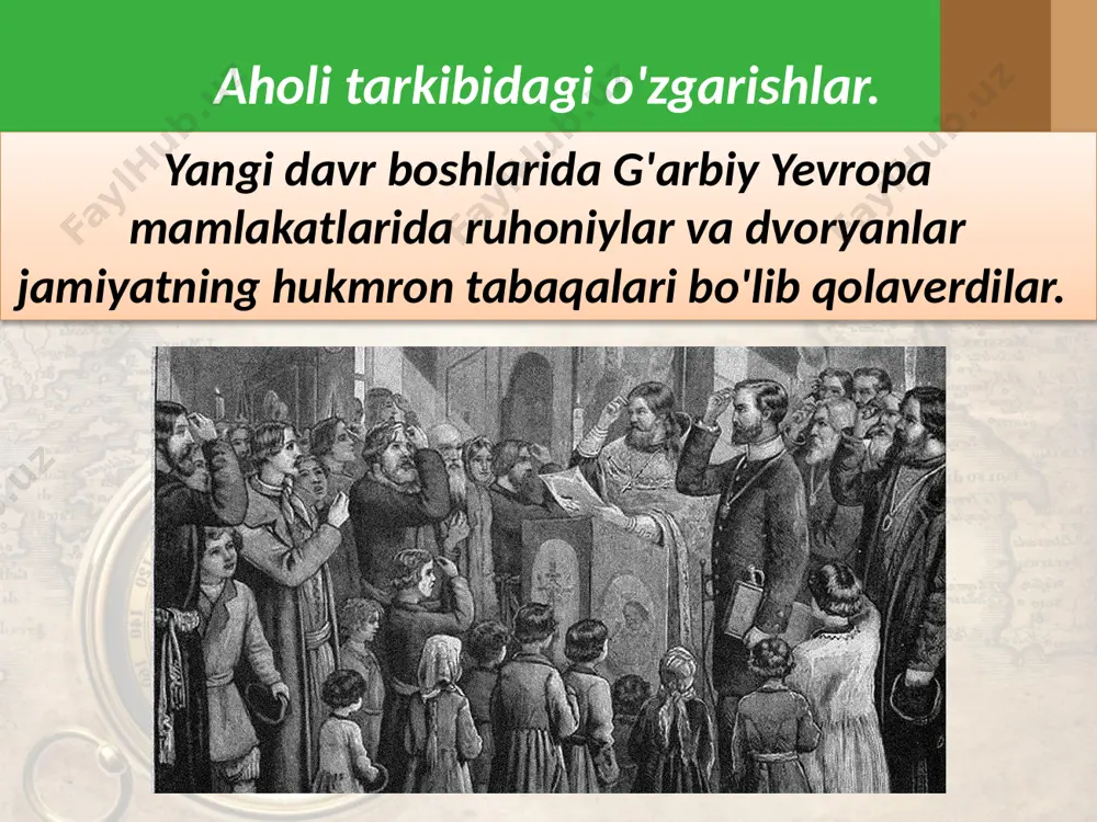 i bajarardi. bu esa ishning tez va sifatli bajarilishini ta'min etardi. u yerda turli xil mutaxassislikdagi yollanma ishchilar mehnat qilardilar. qurolsozlikdagi ixtirolar. xvi-xvii asrlarda qurolsozlik sohasida ham muhim ixtirolar amalga oshirildi. xvi asr o'rtalarida qo'lda o'q otadigan qurollar ixtiro qilishda ham katta yutuqlarga erishildi. xvii asrning birinchi yarimida miltiqqa qo'ndoq, to'pponcha, qo'l granatalari yasash boshlandi. qurolsozlik sohasidagi ixtirolar ritsarlar mavqeiga putur yetkazdi. endi ritsarlik jasurlik belgisi bo'lmay qoldi. mushket miltiq. savol va topshiriqlar 1. yangi davrda aholi tarkibida qanday o'zgarishlar yuz berdi? 2. yangi dvoryanlar kimlar edi va ular avvalgi dvoryanlardan qaysi jihatlari bilan farq qilgan? 3. qanday omillar jahon savdosining rivojlanishiga sabab bo'ldi? 4. manufaktura ishlab chiqarishi borasida qanday o'z- garishlar yuz berdi? image2.jpg image3.jpeg image4.jpeg image5.jpeg image6.jpeg image7.jpeg image8.jpeg image9.jpeg image10.jpeg image11.jpeg image12.jpeg image13.jpg image14.jpeg image15.jpg image1.jpg