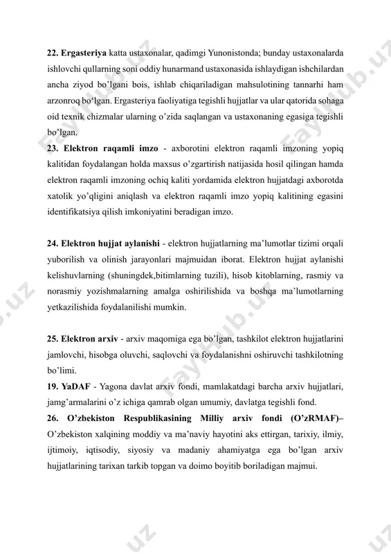 laniladigan arxiv hujjatining dublikati. 28. qushbegi arxividagi iqtisodiyot masalalariga doir hujjatlar - soliqlar, zakot, boshqa tushumlar, ijaraga berish, ijaraga olish, davlat xazinasining ahvoli, davlat xarajatlari, vaqflar, savdo masalalari, savdo aloqalari, bozorlardagi narx-navo, soliqlardan ba’zi bir shaxslarni ozod qilish yoki ularga ayrim imtiyozlar berish, kirim-chiqim daftarlari, zaxiralar, saroy xarajatlari haqidaginhujjatlar ushbu turkumning asosiy mohiyatini ko’rsatadi. 29. qushbegi arxividagi madaniy-maishiy holat haqidagi hujjatlar-amaldorlarning amirga qilgan tortiqlari, yoki aksincha, biror bayram, xursandchilik munosabati bilan amirning amaldorlarga qilgan tortiqlari rasmiylashtirib qo’yilgan hujjatlar ; saroy a’yonlarining to’y-hashamlari va bayramlardagi voqealarni o’zida aks ettiruvchi nomalar amirlikdagi madaniy-maishiy holat haqida ma’lumotlar. 30. qo’lyozma - 1) keng ma’noda qo’lda yozilgan yoki yozuvmashinkasida, kompyuterda ko’chirilgan matn. taniqli shoirva vozuvchilarning o’tmishda o’zlari ko’chirib yozgan asarlari dimlarining va aholini xavfsiz joyga kompleks tarzda ko’chirish bilan bogʻliq jarayon. favqulodda holat yuz berganida yoki arxivbinosi ko’chirilayotgan vaqtda barcha kerakli hujjatlar va asbob uskunalarni ko’chirish. 31. noyob hujjat - o’zida mavjud bo’lgan axborot va …