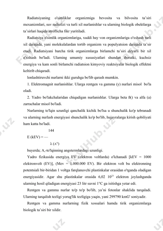 ng og'irligi vodorod og'irligining 1/1840 qismini tashkil qilib, fizik tabiati jihatidan elektronlarga o'xshash bo'ladi hamda atomlarning yemirilishidan hosil bo'lib birdaniga uyerdan tarqaladi. beta zarrachalar manfiy yoki musbat zaryadlangan bo'lishi mumkin. agar (3-zarrachalar manfiy bo'lsa element unga suriladi. masalan radiaktiv fosfor 15p32 — ß- zarrachalar + 16s32 agar 3- zarrachalar musbat yani pozitron bo'lsa chap tarafga suriladi. beta zarrachalarning tezligi ham yorug'lik tezligiga yaqindir. fosfor (15p32) ß - zarrachalarining energiyasi 1,7 mev (million elektronvolt). beta zarrachalar eletromagnit nurlardan (rentgen va gamma) farq qilib ular elektr va magnit maydonida o'z yo'nalishlarini o'zgartirishi mumkin. og'ir yadro zarrachalarga a-zarrachalar misol bo'la oladi. f-zarrachalar, p-zarrachalarga qaraganda 7300 marta og'ir bo'lib fizik tabiati jihatidan geliy yadro atomiga o'xshashdir, og'irligi 4,003 gne4) va ayrim radio faol elementlarning yemirilishidan hosil bo'lib tezligi 1700 km/soniyani tashkil qiladi. masalan, 88ra226—a-zarrachalar + 86rn222 tirik organizmlarni ionlashtirish xususiyatiga neytronlar ham ega. neytronlar neytral elektr zaryadi zarrachalariga ega emas. neytronlar ayrim elementlar masalan, …