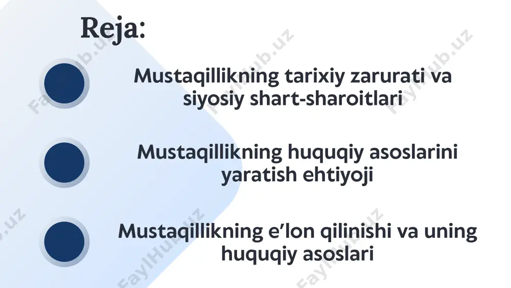 bosh mezon sifatida belgilangan. konstitutsiya asosida shakllangan qonunchilik tizimi konstitutsiyaning qabul qilinishi ortidan mustaqil o‘zbekiston qonunchilik tizimi bosqichma-bosqich rivojlantirildi. xususan, quyidagi qonunlar qabul qilinib, hayotga joriy etildi: “o‘zbekiston respublikasining davlat gerbi to‘g‘risida” (1992) “o‘zbekiston respublikasining davlat bayrog‘i to‘g‘risida” (1991) “o‘zbekiston respublikasining davlat madhiyasi to‘g‘risida” (1992) “fuqarolikka oid qonunlar” “saylov kodeksi” “ommaviy axborot vositalari to‘g‘risida” “sud-huquq tizimini isloh qilishga oid qonunlar” konstitutsiyaning zamonaviy islohoti o‘tgan yillarda konstitutsiyaga bir necha bor o‘zgartish va qo‘shimchalar kiritildi. bu islohotlar zamon talablari va xalq ehtiyojlariga javoban amalga oshirildi. jumladan: prezidentlik muddati va vakolatlariga oid o‘zgartishlar; oliy majlis, mahalliy kengashlar va sud hokimiyatiga tegishli yangiliklar; atrof-muhitni muhofaza qilish, ijtimoiy himoya, ayollar va bolalar huquqlari masalalari bo‘yicha yangi moddalar kiritildi. xulosa o‘zbekiston respublikasining mustaqillikka erishishi xalqimiz tarixida yangi davrni boshlab berdi. bu erkinlikni huquqiy jihatdan mustahkamlashda konstitutsiya hal qiluvchi ahamiyatga ega bo‘ldi. .xulosa qilib aytganda, o‘zbekiston respublikasi konstitutsiyasi – bu nafaqat davlatning bosh hujjati, balki mustaqillik va …