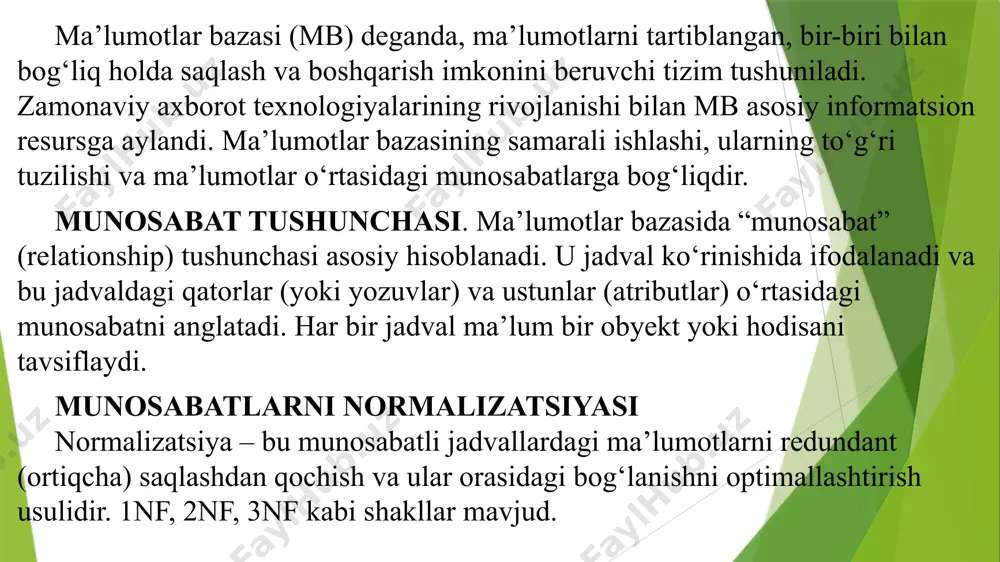 osabatlarni yaratish sql (structured query language) yordamida jadvallarni yaratish, ularga ma’lumot qo‘shish va ular o‘rtasida bog‘lanish o‘rnatish mumkin. masalan: create table talabalar ( id int primary key, ism varchar(50), guruh_id int, foreign key (guruh_id) references guruhlar(id) ); amaliy misollar universitet axborot tizimida “talabalar”, “fanlar”, “baholar” jadvallari o‘zaro bog‘langan bo‘lishi mumkin. masalan, “baholar” jadvali talabalar va fanlar jadvaliga tashqi kalitlar orqali ulanadi. ma’lumotlar bazasida munosabat tushunchasi mbni samarali loyihalashda markaziy rol o‘ynaydi. to‘g‘ri tashkil etilgan munosabatlar ma’lumotlarning yaxlitligini, izchilligini va tezkor ishlov berilishini ta’minlaydi. ma‘lumotlarning relyatsion modeli birinchi bor 1970 yilda ye.f.kodd tomonidan taklif qilingan bo‘lib, u ma‘lumotlarni tavsiflash va tasvirlashning amaliy dasturlaridan bog‘liq bo‘lmasligini ta‘minlash masalasini hal qilishga xizmat qiladi. ma‘lumotlarning relyatsion modeli asosida «munosabat» tushunchasi yotib, u inglizcha relation so‘zidan olingan. ba‘zi bir qoidalarga amal qilgan holda munosabatlarni ikki o‘lchovli jadval ko‘rinishda tasvirlash mumkin. chunki jadval har qanday odamga tushunarli va qulaydir. real dunyo ob‘ektlari haqidagi ma‘lumotlarini ehm xotirasida …