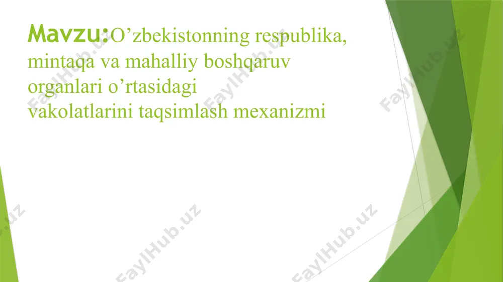sh normativlari asosida belgilanadigan mahalliy budjetlarning minimal zarur xarajatlarini goplash uchun daromad manbalarini mustahkamlash yo’li bilan mahalliy budjetlarning minimal miqdorini ta'minlash; d) mahalliy tuzilmalar igtisodiy faoliyatining barqaror normativ-huquqiy negizini ta'minlash; e) mamlakatdagi mahalliy tuzilmalarning negizini tashkil etuvchi mahalliy o'zini-o’zi boshqarish quyi organlarining mustaqil faoliyatini ta'minlash; j) mahalliy hokimiyat organlari va mahalliy o'zini-o'zi boshqarish organlarining sud tartibida himoyalanishga bo'lgan konstitutsiyaviy huqugini ta'minlash; z) mahalliy o'zini-o'zi boshgarish organlarining davlat hokimiyat organlari tomonidan qabul qilingan qarorlar natijasida yuzaga kelgan qo'shimcha xarajatlarning qoplanishi bilan bog’liq konstitutsiyaviy huquqini ta'minlash; 2. boshgaruv organlari o'rtasida vakolatlarni taqsimlash zaruriyati, muammolari. mahalliy boshqaruv organlariga davlat tomonidan kafolatlar berish hamda davlat hokimiyati va mintaga boshgaruv organlari tomonidan mahalliy hokimiyat organlariga oid gonun hujjatlariga rioya gilinishi va mahalliy boshqaruv sohasida amalda bo'lgan me'yoriy-huqugiy hujjatlarning ijro etilishini ta'minlash respublika, mintaga va mahalliy hokimiyat organlari o'rtasida vakolatlarni samarali taqsimlashning muhim shartidir. o'zbekistonda respublika mintagaviy va mahalliy hokimiyat organlari o'rtasida vakolatlarni taqsimlashning quyidagi asosiy …