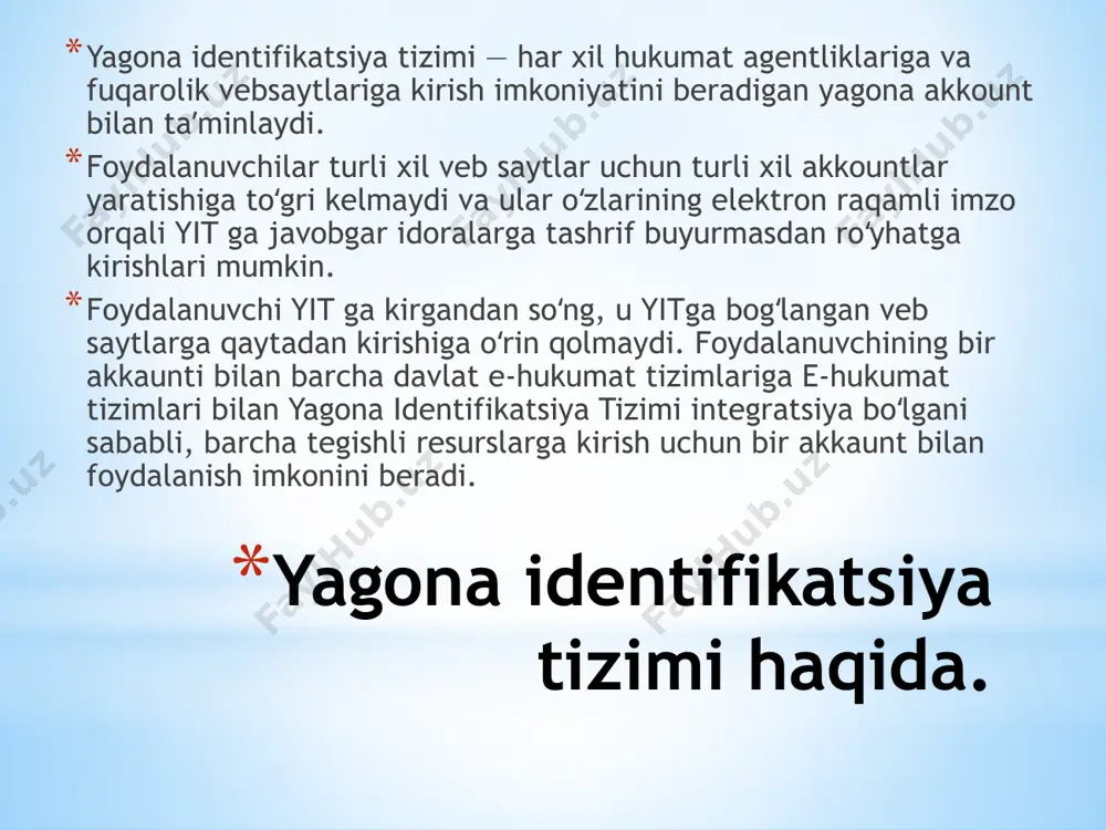 chi yagona portalda avtorizatsiya qilingan bo'ladi va bemalol murojaat yuborishi yoki boshqa xizmatlardan foydalanishi mumkin. yagona portal xizmatlaridan foydalanish uchun siz quyidagi ro`yxatdan o`tish usullaridan birini tanlashingiz mumkin: sms-tasdiqlash orqali. aktivatsiya kodini mobil telefonga sms-xabar orqali olish mumkin. id.uz yagona identifikatsiya tizimi yordamida. elektron raqamli imzo yordamida. uzcard yordamida. ro`yxatdan o`tish usullaridan birini tanlashdan oldin yagona portal xizmatlaridan foydalanish qoidalari (shartlari) bilan tanishib chiqishingizni tavsiya etaman. yagona portal sizga davlat tashkilotiga tashrif buyurishdan yoki qog`oz tarzda xat yuborishdan qulayroq bo`lgan davlat xizmatlaridan elektron shaklda foydalanish imkoniyatini taqdim etadi. shu bilan birga, sizning yuborayotgan murojaatingiz rasmiy maqomga ega ekanligini ham eslatib qo’ymoqchiman. shu sababli, sizdan quyidagilarni unitmasligingizni so`rayman: "jismoniy va yuridik shaxslarning murojaatlari to`g`risida"gi o`zbekiston respublikasi qonunining 6-moddasiga muvofiq, o`zi to`g`risida xato ma'lumotni bergan yoki murojaatning mohiyatini ko`rsatmagan foydalanuvchilarning murojaatlari ko`rib chiqilmaydi. "jismoniy va yuridik shaxslarning murojaatlari to`g`risida"gi o`zbekiston respublikasi qonunining 28-moddasi, o`zbekiston respublikasi ma'muriy javobgarlik to`g`risidagi kodeksining 40 - 41-moddalari,o`zbekiston …
