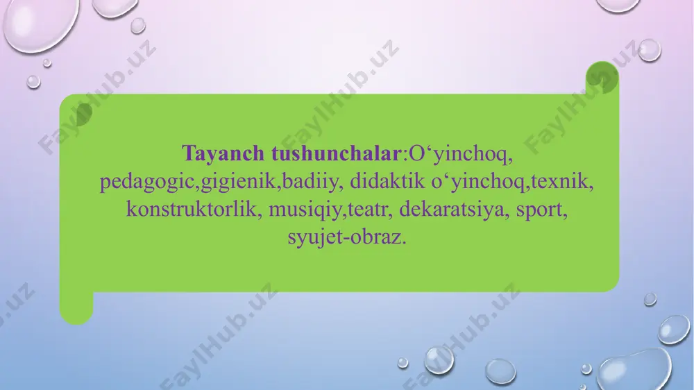 va texnika asboblariga bo'lgan qiziqishni uyg'otib, ularni o'z o'yinlarida qo'llay olish imkonini yaratadi. bolalarga texnikaga bevosita aloqasi bor buyumning (mashinalar, mexanizmlar, transport turlari, aloqa vositalari) tashqi ko'rinishi, obrazini va unga xos harakatlarini tanishtiruvchi texnik o'yinchoqlar yaqin turadi. musiqaviy va teatrlashtirilgan o‘yinchoqlar musiqali va teatrlashtirilgan o'yinchoqlar bolalarning musiqaviy ohang va ritmni eshita olish qobiliyatini o'stirishga yordam beradi, katta yoshdagi bolalar ertaklarni sahnalashtiradilar. didaktik o‘yinchoqlar xalq o'yinchoqlari tashkil qiladi. ularni o'ynashda bola o'z-o'zini nazorat qiladi. xilma-xil mozaykalar sensor qobiliyatlarini rivojlantiradi. ulardagi o'yin vazifasi naqshlar, rasmlarni tanlash va joylashtirishdan iborat harakatli o‘yinlar suv, qum bilan o'ynaladigan o'yinchoqlar, koptoklar, arg'amchilar, chambaraklar va boshqalar. ularning asosiy vazifasi bolalarni jismoniy jihatdan tarbiyalashdir. e’tiboringiz uchun raxmat! image2.png image3.png image4.gif image1.png /docprops/thumbnail.jpeg