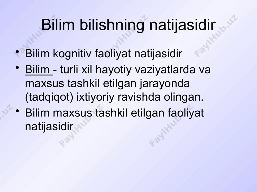 r hodisalar va uchun buyumlar ularni aniqlash umumiy yoki farqlar tasvirni shakllantirish orqali haqiqat chalg'itadigan narsalar va to'ldirishlar individualdan umumiyga o'tish idrok paradoksi men qanchalik ko'p bilsam, jaholat maydoni shunchalik katta bo'ladi biz bilganimiz cheklangan, lekin bilmaganimiz cheksizdir. bilimda amaliyotning roli amaliyot - bu insonning atrofdagi dunyoning moddiy rivojlanishi. amaliyot idrokning asosi mezon bilim haqiqati bilimning maqsadi amaliyotning asosiy xususiyatlari va turlari maqsadga yo'naltirilganlik (odamlar o'zlari amalga oshirishga intiladigan ideal modellarni yaratish) ob'ekt-sensor xarakter (odam moddiy ob'ektlar bilan uchrashadi) atrofdagi haqiqatni o'zgartirish ijtimoiy-siyosiy (sanoat, qishloq xo'jaligi) ijtimoiy-siyosiy (partiyalar, davlat, boshqaruv organlari) tibbiyot oila va uy xo'jaligi (qurilish, bog'dorchilik) amaliyotlarning tasnifi natijalar asosida: ijodiy buzg'unchi maqsad va mazmuni bo'yicha: qidiruv mexanizmi standartlashtirilgan faoliyat mavzusi bo'yicha: individual mikroguruh sinf, millat amaliyoti davlat amaliyoti jamiyat amaliyoti to'g'ri ob'ekt haqidagi g'oyalarning ob'ektning o'ziga mos kelishi inson ongida voqelikni adekvat (to'g'ri) aks ettirish jarayoni nisbiy haqiqat mutlaq haqiqat subyektivlik ob'ektiv haqiqat haqiqatning asosiy mezoni amaliyotdir …