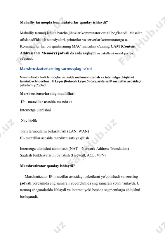 amkalar) mac jadvali asosida to'g 'asosida to'g'ri portga yo' mumkinadi. 🔹 xususiyatlari mahalliy tarmoq ( lan ) ich: maxsus tarmoq (lan) ichidagi ma'lumotlarni yo'qotadi spanning tree protocol (stp) ni qo'llab-quvvatlaydimanzil vlan ( lan ) texnologiyasidan ​​ qo'llash mumkin vlan (virtual lan) texnologiyasidan boshqarish mac manzillarni o'zining cam (content addressable memory) jadvalida saqlaydi 🔸 kichik va o'rta hajmli lan tarmoqlarida 🔸 ofis va korporativ tarmoqlarda 2. 3-qatlam kommutatori (uchinchi darajali kommutator) 🔹 tavsifi : layer 3 kommutator mac manzillaridan tashqari ip manzillar bo'yicha ham ma'lumotlarni yo'qotadi. u osining network layer (3-daraja) da ishlaydi va marshrutizator kabi ishlaydi, lekin model tez ishlaydi. 🔹 xususiyatlari : ip-manzillar bo'yicha yo'qotishish (routing) inter-vlan routing (vlanlar bo'yicha aloqa o'rnatish) statik va dinamik marshrutizatsiya ni qo'llab- boshlash layer 2 kommutatorning barcha funktsiyalariga ega 🔸 katta va murakkab tarmoqlarda 🔸 korporativ muhitlarda, data center larda 3. aqlli kommutator (aqlli kommutator) tavsifi : smart kommutator – bulgan boshqarish layer …