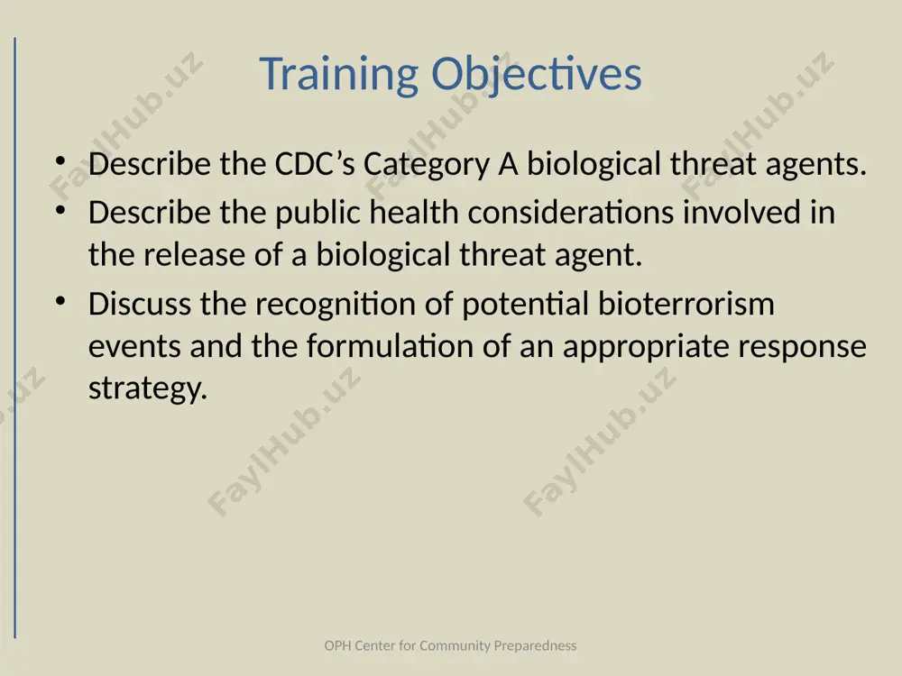 ness cdc biological agent categories category a high-priority agents include organisms that pose a risk to national security because they: can be easily disseminated or transmitted from person to person; result in high mortality rates and have the potential for major public health impact; might cause public panic and social disruption; and require special action for public health preparedness. agents anthrax (bacillus anthracis) botulism (clostridium botulinum toxin) plague (yersinia pestis) smallpox (variola major) tularemia (francisella tularensis) viral hemorrhagic fevers (ebola, marburg, lassa, machupo) oph center for community preparedness cdc biological agent categories category b second highest priority agents include those that are moderately easy to disseminate; result in moderate morbidity rates and low mortality rates; and require specific enhancements of cdc's diagnostic capacity and enhanced disease surveillance. agents brucellosis (brucella species) epsilon toxin of clostridium perfringens food safety threats (e.g., salmonella species, escherichia coli o157:h7, shigella) glanders (burkholderia mallei) melioidosis …