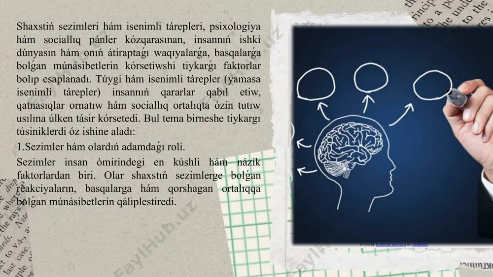 isenim, sociallıq qatnasıqlardıń rawajlanıwına járdem beredi hám bul óz náwbetinde shaxstıń sezimlerin unamlı baǵdarlawǵa járdem beredi. doslar, jaqınlar hám isbilermen sherikler menen isenimli qatnasıqlar insandı ruwxıy jaqtan bekkemlewge járdem beredi. shaxstiń sezimleri hám isenimli tárepleri óz ara tıǵız baylanıslı bolıp, olardıń birgeliktegi tásiri insannıń ruwxiy, sociallıq hám kásiplik jaǵdayına tásir etedi. sezimler insannıń ishki sezimlerin bildirse, isenimli tárepler bolsa onıń sırtqı dúnya menen óz-ara baylanısların hám qararlar qabıl etiwdegi tiykarların belgileydi. ózine hám basqalarga bolǵan isenim, sonday-aq, qorshagan ortalıqqa bolǵan múnásibet, insannıń ómirdegi tabısları hám salamatlıǵın qáliplestiriwde úlken áhmiyetke iye. photo by kadarius seegars on unsplash itibarin'iz ushun raxmet! image1.png image2.png image3.png image4.png image5.png image6.png image7.png image8.png image9.png image10.png image11.png image12.png image13.png image14.png image15.png image16.png image17.png image56.png image25.png image26.jpeg image27.png image28.png image57.jpg image58.png image59.png image60.png image61.png image52.png image53.png image54.png image55.png