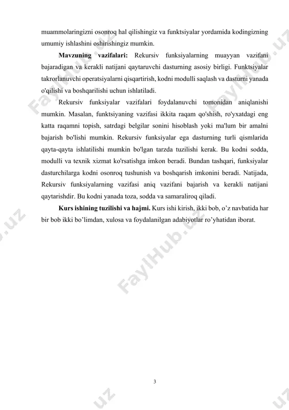 aat qilishiga to'g'ri keldi. aynan shu narsa rekursiyaning mohiyatini tashkil qiladi. lekin, shunchaki ta'rif yordamida to'g'ri va xatosiz ishlovchi rekursiv funksiya tuzish qiyin, buning uchun rekursiv funksiyaning asosiy shartlarini yaxshi bilish kerak. rekursiyani to'g'ri tashkil qilish shartlari har qanday to'g'ri tuzilgan rekursiya asosini ikkita shart tashkil qiladi. 1. rekursiya asos sharti 2. funksiyaning o'ziga o'zgartirilgan argument bilan murojaat qilish. rekursiv funksiya qaysidir vaqtga kelib o'ziga murojaat qilishni to'xtatishi kerak bo'ladi. aynan shu narsani rekursiya asos sharti ta'minlab beradi. hikoyamizdagi misolga qaytadigan bo'lsak, abdullajon summa() funksiyasiga bir necha marta murojaat qildi va oxirida funksiyaga keluvchi massivda faqat bitta element qolganda to'xtadi. bu masala uchun arrayda yagona element qolishi asos shart bo'lib xizmat qiladi va shu yerga yetganda dastur to'xtashi kerakligini bilib oladi. rekursiv funksiya tuzishda asos shartni to'g'ri qo'yish juda ham muhim hisoblanadi. hali bunga yana to'xtalamiz. keyingi shartda o'zgartirilgan argument deganda, odatda masala boshidagi argumentdan kichikroq argument tushiniladi (ba'zi hollarda …