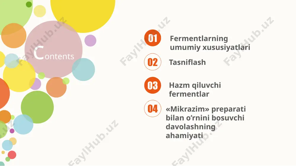 a tushiruvchi katalitik qismi bor.bu moddalar organizmda kechadigan biokimyoviy ta'sirlanishlarni haroratni ko'tarmagan tarzda tezlashtiradi. fermentlarning inson organizmidagi o'rnini ortiqcha baholab yuborishning iloji yo'q. dnkning tuzilishi endi aniqlangan paytda,bir gen,qandaydir aniq bir alomatni aniqlashtiruvchi,bitta oqsilning sintezi uchun javob beradi,deb aytishardi.hozirgi kunda bu so'zlar bunday tarzda aytiladi: «bir gen – bir ferment – bir alomat».ya'ni hujayradagi fermentlarning faolligisiz,hayot mavjud bo'la olmaydi. 02 tasnifi 02 tasnifi kimyoviy ta'sirlanishlardagi tutadigan o'rniga qarab,fermentlarning quyidagi turlari ajratiladi: 1 02 tasnifi tirik organizmdagi barcha fermentlar ichki- va tashqihujayralilarga bo'linadi. ichkihujayralilarga,misol uchun,qon bilan kelib tushadigan,turli xil moddalarni zararsizlantirishda ishtirok etadigan,jigar fermentlari kiradi.ular organga shikast yetganda qon tarkibida aniqlanadi,va bu o'z o'rnida uning kasalliklarini aniqlashda yordam beradi. prostata bezi - nordon fosfataza 3. yurak mushagi - laktatdegidrogenaza 4. jigar-alaninaminotransefraza, aspartataminotransferaza, gamma-glyutamiltranspeptidaza, sorbitdegidrogenaza; 1. buyrak - ishqorli fosfataza; 2. 02 tasnifi ichki organlarning shikastlanganligini belgilab beruvchi,ichkihujayrali fermentlar: tashqihujayrali fermentlar bezlar tomonidan tashqi muhitga ajralib chiqadi.ularning asosiylari so'lak bezlari,oshqozon devorlari, oshqozonosti …