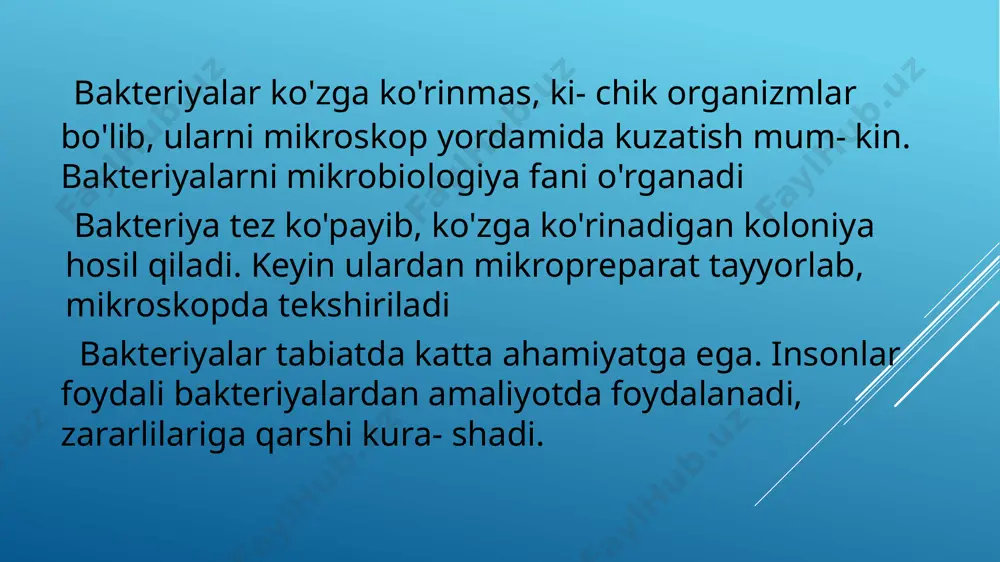 bakteriyalar dukkakdoshlar oilasiga kiruvchi o'simliklar ildizida simbioz (hamkorlikda) yashaydi. ular atmosferadagi erkin azotni o'zlashtirib, o'simliklarga yetkazib beradi, o'simliklar esa bakteriyalarni oziq moddalar bilan ta'minlaydi. ularning hamkorligi har ikkala organizmga ham foyda keltiradi. tuproqni azotga boyi- tishda bedadan keng foydalaniladi. parazit bakteriyalar tirik organizm hisobiga yashab hayot kechiradi. parazit bakteriyalar odamda sil, vabo, o'lat, ichburug', qoqshol kabi kasalliklarni keltirib chiqaradi. yuqumli kasalliklarning yoppasiga tarqalishi epidemiya deyiladi. mavzuni mustahkamlash uchun savollar. 1.bakteriyalar nima maqsadda o'rga- niladi? 2. tashqi tuzilishiga ko'ra qanday bak- teriyalarni bilasiz? 3.bakteriyalar qanday foyda keltiradi? 4.bakteriyalar ta'sirida qanday kasal- liklar kelib chiqadi? 5.kasallikning yoppasiga tarqalishi nima deb ataladi? 1. etiboringiz uchun rahmat. 10 image1.jpeg image2.jpeg image3.jpeg image4.jpeg