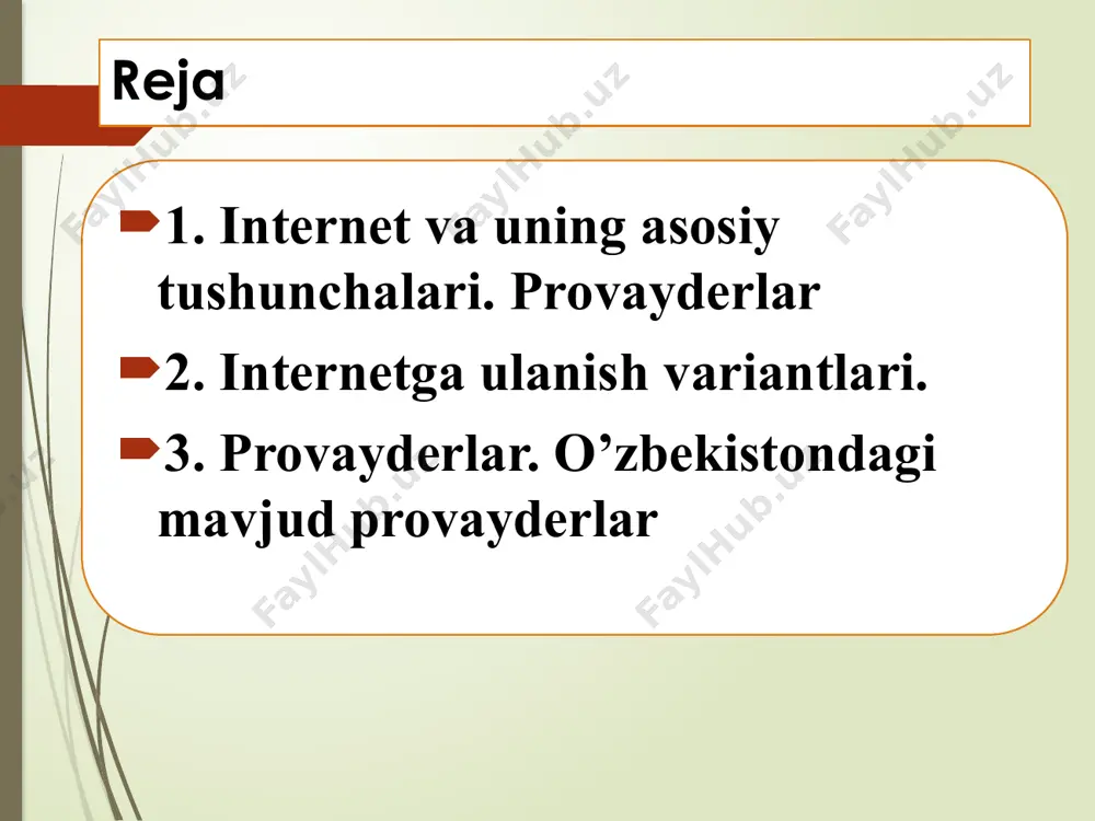 noyabr 1,9 gb/s 2011-yanvar 2,5 gb/s bugungi kunda o’zbekistonda internetdan foydalanuvchilar soni 9,1 mln tashkil etadi. 2012 yil aprel oyining hisobotiga ko’ra 14 ming uz domenlar nomi ro’yxatdan o’tgan. image1.jpeg image2.jpeg image3.jpeg image4.jpeg image5.jpeg image6.jpeg image7.png image8.png /docprops/thumbnail.jpeg
