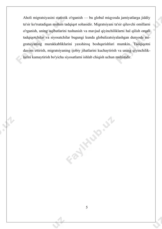 atsiya jarayoni o'ziga xos ijtimoiy kontekstga ega va bu kontekstlarni tahlil qilish orqali yaxshiroq migratsiya siyosatlari ishlab chiqish mumkin. shu sababli, ijtimoiy omillar va migratsiya tendensiyalarini chuqur o'rganish, shuningdek, ularning o'zaro aloqalarini tahlil qilish, ijtimoiy va iqtisodiy muammolarni hal qilishda muhim ahamiyatga ega. bu jarayonlar nafaqat migrantlarning hayoti uchun, balki qabul qiluvchi mamlakatlarning ijtimoiy rivojlanishi uchun ham muhimdir. 1.2 migratsiyaning ijtimoiy ta'siri migratsiyaning ijtimoiy ta'siri inson jamiyatining turli sohalariga, jumladan, iqtisodiyot, madaniyat, va siyosatga ta'sir ko'rsatadi. ijtimoiy omillar, migratsiya jarayonida muhim rol o'ynaydi, chunki ular migratsiya sabablarini va natijalarini shakllantiradi. ijtimoiy ta'sirlar, odatda, migrantlarning kelib chiqishi va boradigan joylari o'rtasidagi ijtimoiy aloqalar va o'zaro ta'sirlardan kelib chiqadi. migratsiyaning ijtimoiy ta'sirini tushunish uchun, avvalo, migrantlarning ijtimoiy holatini ko'rib chiqish zarur. migrantlar ko'pincha yangi muhitga moslashish jarayonida turli qiyinchiliklarga duch keladilar. masalan, madaniy farqlar, til to'siqlari va ijtimoiy izolyatsiya kabi omillar migrantlarning yangi jamiyatga integratsiyasini murakkablashtirishi mumkin. bu holat, o'z navbatida, migrantlarning …
