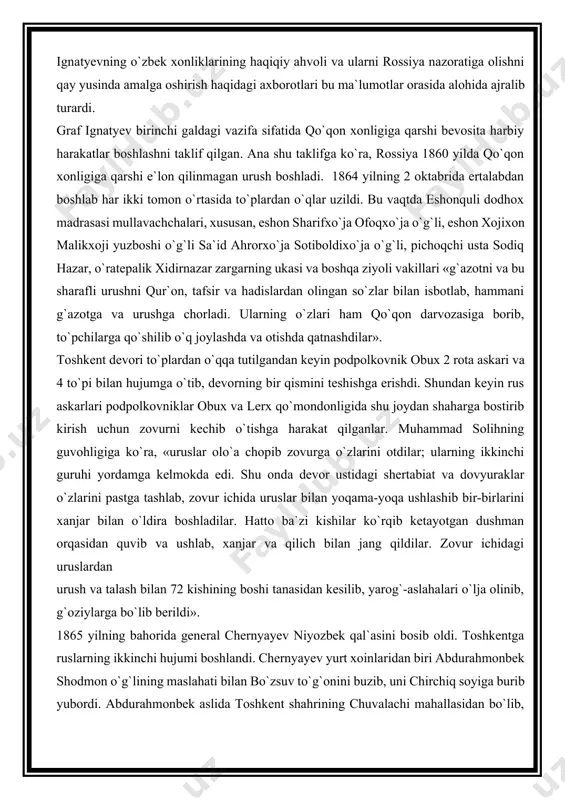 dodhox madrasasi mullavachchalari, xususan, eshon sharifxo`ja ofoqxo`ja o`g`li, eshon xojixon malikxoji yuzboshi o`g`li sa`id ahrorxo`ja sotiboldixo`ja o`g`li, pichoqchi usta sodiq hazar, o`ratepalik xidirnazar zargarning ukasi va boshqa ziyoli vakillari «g`azotni va bu sharafli urushni qur`on, tafsir va hadislardan olingan so`zlar bilan isbotlab, hammani g`azotga va urushga chorladi. ularning o`zlari ham qo`qon darvozasiga borib, to`pchilarga qo`shilib o`q joylashda va otishda qatnashdilar». toshkent devori to`plardan o`qqa tutilgandan keyin podpolkovnik obux 2 rota askari va 4 to`pi bilan hujumga o`tib, devorning bir qismini teshishga erishdi. shundan keyin rus askarlari podpolkovniklar obux va lerx qo`mondonligida shu joydan shaharga bostirib kirish uchun zovurni kechib o`tishga harakat qilganlar. muhammad solihning guvohligiga ko`ra, «uruslar olo`a chopib zovurga o`zlarini otdilar; ularning ikkinchi guruhi yordamga kelmokda edi. shu onda devor ustidagi shertabiat va dovyuraklar o`zlarini pastga tashlab, zovur ichida uruslar bilan yoqama-yoqa ushlashib bir-birlarini xanjar bilan o`ldira boshladilar. hatto ba`zi kishilar ko`rqib ketayotgan dushman orqasidan quvib va ushlab, xanjar …