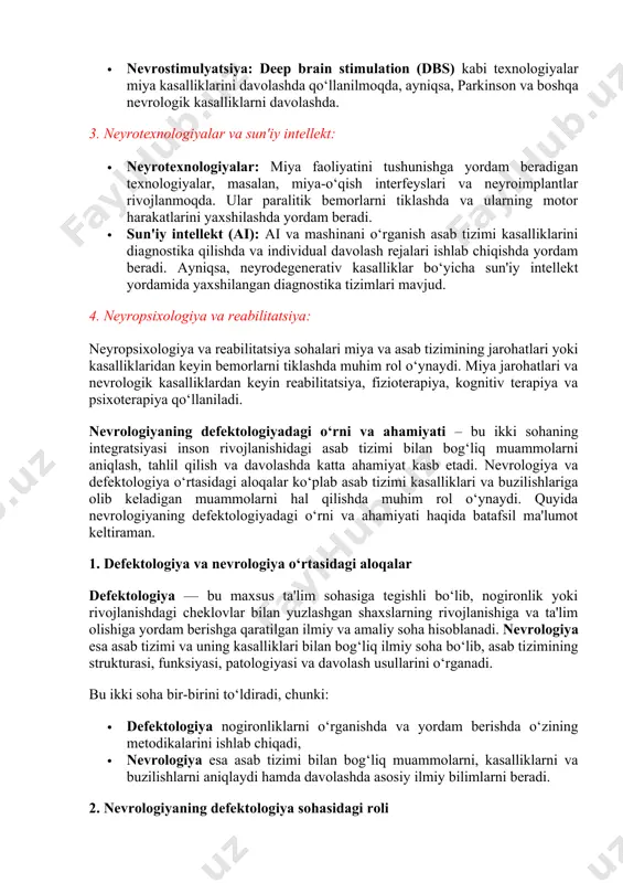 ografiya), va pet skanerlash miya kasalliklarini aniqlashda yordam beradi. · genetik tahlillar: neyrogeneetikani o‘rganish, miya kasalliklarini aniqlash va ularni davolash usullarini ishlab chiqishga yordam bermoqda. o‘zining genetik tahlillari orqali nevrologik kasalliklar, masalan, parkinson kasalligi va altsgeymer kasalligi kabi kasalliklar haqida yangi ma'lumotlar kashf etilmoqda. 2. asab tizimi kasalliklarini davolash: · dori-darmonlar va terapiya: miya kasalliklarini davolashda yangi dori vositalari va davolash metodlari ishlab chiqilmoqda. parkinson kasalligi va epilepsiya kabi kasalliklarni davolashda dori-darmonlar va fizioterapiya yondoshuvlarining samaradorligi oshmoqda. · nevrostimulyatsiya: deep brain stimulation (dbs) kabi texnologiyalar miya kasalliklarini davolashda qo‘llanilmoqda, ayniqsa, parkinson va boshqa nevrologik kasalliklarni davolashda. 3. neyrotexnologiyalar va sun'iy intellekt: · neyrotexnologiyalar: miya faoliyatini tushunishga yordam beradigan texnologiyalar, masalan, miya-o‘qish interfeyslari va neyroimplantlar rivojlanmoqda. ular paralitik bemorlarni tiklashda va ularning motor harakatlarini yaxshilashda yordam beradi. · sun'iy intellekt (ai): ai va mashinani o‘rganish asab tizimi kasalliklarini diagnostika qilishda va individual davolash rejalari ishlab chiqishda yordam beradi. ayniqsa, neyrodegenerativ kasalliklar …