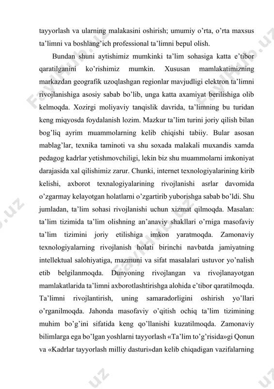 ariga asoslangan uzoqdan turib o’qitish, o’rgatish usulidir. masalan masofadan biror yangi mavzu yoki predmet bo’yicha ma’lumotlarni viloyatlardagi ixtiyoriy o’quv yurtlariga uzatish mumkin. agar joylarda bu sohada mutaxassis yetishmasligi kuzatilsa, masofadan o’qitish tizimi yagona yo’ldir. shuning uchun «masofaviy o’qitish» formasi «xxi asr ta’limi deb xisoblanmoqda. keyingi paytlarda masofaviy o’qitishning ijobiyligi isbotlangan. bu borada birinchilik uchun aqshning ntu milliy texnologiya universiteti va buyuk britaniyaning ochiq universitetlari kurashmoqda. masofaviy o’qitishni o’qish hamda ishlash jarayonida qo’llash sabablari shundaki, ta’lim tizimida o’quv jarayonini yangidan islox qilish, yangi informatsion texnologiyalarga asoslangan o’qitish usullarini ishlab chiqish, ularni keng joriy qilish bugunning talabidir. iqtisodiy tomondan yutuqlar va afzalliklarga ega bo’lishimiz mumkin: · cheksiz masofaga ta’lim berish. o’qituvchi va o’quvchilar o’rtasidagi masofa hech qanday ahamiyatga ega emas. · ish jarayoniga xalaqit bermasligi. o’quvchi ishdan ajralmas holatda ta’lim oladi. · masofaviy ta’lim texnologiyalarni to’liq qo’llagan o’quv muassasa talabalar soni 2-3 barobar oshishi mumkin. · narxi. masofaviy ta’lim kurslari 2 va …