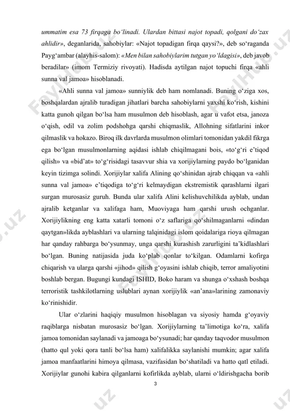 unmay, unga qarshi kurashish zarurligini ta’kidlashlari bo‘lgan. buning natijasida juda ko‘plab qonlar to‘kilgan. odamlarni kofirga chiqarish va ularga qarshi «jihod» qilish g‘oyasini ishlab chiqib, terror amaliyotini boshlab bergan. bugungi kundagi ishid, boko haram va shunga o‘xshash boshqa terroristik tashkilotlarning uslublari aynan xorijiylik «an’ana»larining zamonaviy ko‘rinishidir. ular o‘zlarini haqiqiy musulmon hisoblagan va siyosiy hamda g‘oyaviy raqiblarga nisbatan murosasiz bo‘lgan. xorijiylarning ta’limotiga ko‘ra, xalifa jamoa tomonidan saylanadi va jamoaga bo‘ysunadi; har qanday taqvodor musulmon (hatto qul yoki qora tanli bo‘lsa ham) xalifalikka saylanishi mumkin; agar xalifa jamoa manfaatlarini himoya qilmasa, vazifasidan bo‘shatiladi va hatto qatl etiladi. xorijiylar gunohi kabira qilganlarni kofirlikda ayblab, ularni o‘ldirishgacha borib etganlar. hatto ba’zi sahobiylarni ham kofir deyishgan. bundan tashqari, «zolim» podshohga qo‘lida qurol bilan qarshi chiqishni diniy vazifa deydilar. xorijiylik bilan bir vaqtda paydo bo‘lgan yana bir oqim shialikdir. shialik «shiatu ali» (ali guruhi) nomidan bo‘lib, aliparast oqim hisoblanadi. bu yo‘nalish dastlab har qanday ixtilof va aqidaviy …
