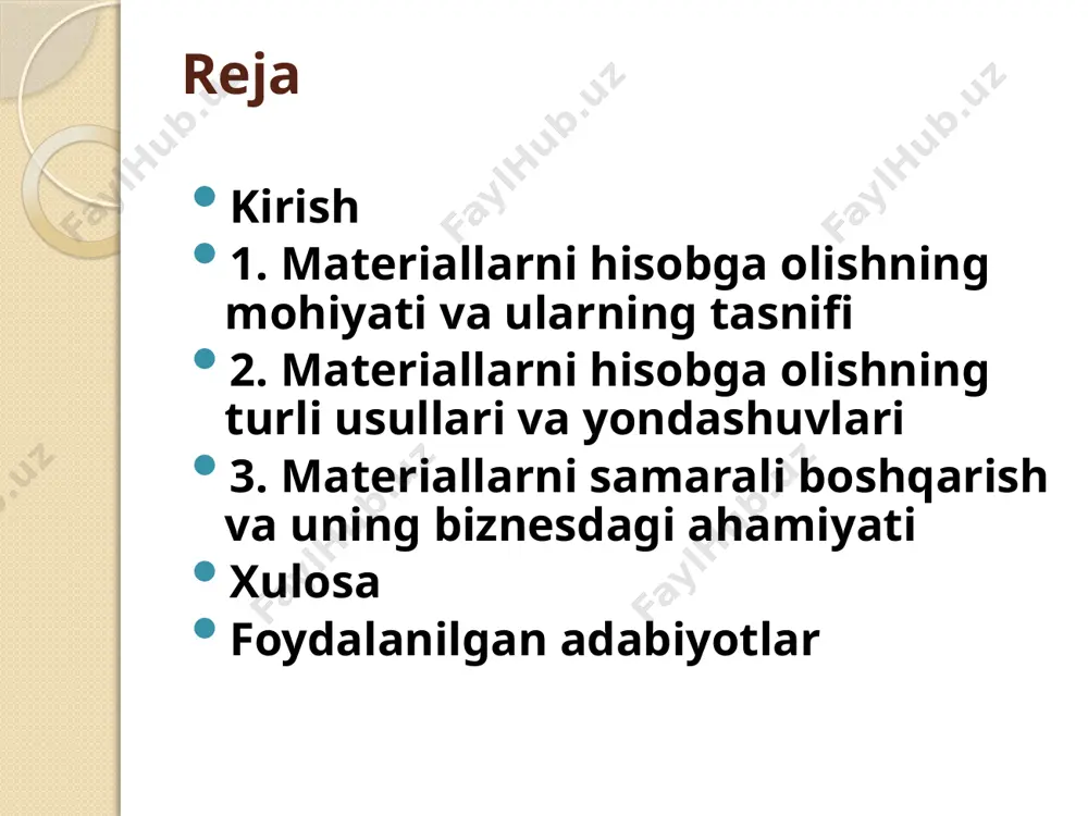 asalan, fifo (birinchi kirgan – birinchi chiqadi) va lifo (oxirgi kirgan – birinchi chiqadi) qo‘llanilishi. materiallarni hisobga olish biznesning asosiy jarayonlaridan biri bo‘lib, buxgalteriya, menejment va ishlab chiqarish faoliyatining uzluksizligini ta’minlashda muhim rol o‘ynaydi. materiallar, odatda, mahsulot yaratish yoki xizmat ko‘rsatishda ishlatiladigan barcha xomashyo, yarim tayyor mahsulotlar, energiya manbalari va boshqa ishlab chiqarish elementlarini o‘z ichiga oladi. materiallarni to‘g‘ri hisobga olish ularning qiymatini, miqdorini, sarfini va zaxiralarini nazorat qilishda yordam beradi. bu jarayon xarajatlarni boshqarish, samaradorlikni oshirish va resurslarni oqilona ishlatishga imkon beradi. materiallarni hisobga olishning asosiy maqsadi – korxona faoliyatida ishlatiladigan moddiy resurslarni to‘g‘ri tasniflash, ularning miqdorini va qiymatini aniq belgilash hamda ularni samarali boshqarishdir. bu jarayon orqali korxona quyidagi maqsadlarga erishadi: xarajatlarni nazorat qilish: materiallar hisobini to‘g‘ri yuritish orqali korxona har bir sarflangan material uchun qancha mablag‘ ketganini kuzatib borishi mumkin. zaxiralarni boshqarish: korxona zaxiralar holatini doimiy ravishda nazorat qilish orqali ortiqcha yoki yetishmovchilikka yo‘l qo‘ymaslikni ta’minlaydi. ishlab …