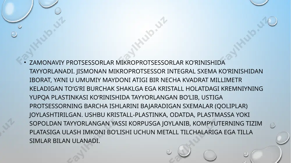 , o‘z navbatida, loyihaning umumiy muvaffaqiyatiga sezilarli omil bo‘ldi. 1991 yil intihosida protsessor maketi tayyor bo‘lib, unda muhandislar dasturiy ta’minotni ishga tushirishga muvaffaq bo‘ldilar. loyiha ishlari asosan 1992 yilning fevral oyida nihoyasiga yetkazilib, protsessorlarning tajriba uchun yaratilgan partiyasi keng qamrovli sinovdan o‘tkazila boshlandi. pentium sanoatini o‘zlashtirish yuzasidan qaror 1992 yilning aprel oyida qabul qilinib, 1993 yil 22 mart kuni pentium protsessorining keng qamrovli taqdimoti o‘tkazildi. tezkor xotira. xotira turlari bilan tanishish xotira-ma’lumot va dasturlarni saqlash uchun xizmat qiladi va quyidagilarga bo’linadi: 1.operativ xotira 2. kesh xotira 3. bios xotira 4.cmos(yarim doimiy xotira) 5. video xotira tezkor hotira boshqaruv hotirasiningsignallariorqali ishlaydi va ular orasidagi ba’zi signallarning uzilishini tinimsiz ushlab turadi. bu signallar hotira modulidagi buyruqlarni bajarishga ulgurishi va keyingilariga tayorgarlik ko’radi. ushbu uzilishlar “tayming” lar deb nomlanadi va odatda qattiq disk xotirasini o’lchaydi. bu “tayming” lar orasida cas# latency (tcl), ras# tocas# delay (trcd), ras# precharge (trp) va active to precharge …
