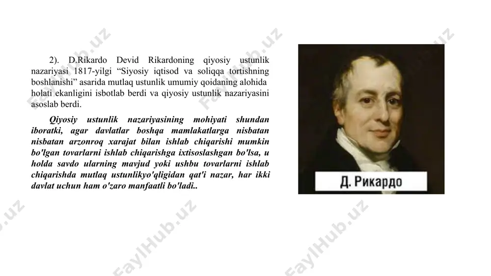 nat talab qiladigan mahsulotlarni eksport qiladi. leontiev paradoksini tushuntirishga qaratilgan ko'plab urinishlar bir qator qo'shimcha holatlarni hisobga olgan holda xeksher-olin nazariyasini kengaytirish imkonini berdi. ishlab chiqarish omillarining tyrliligi, masalan: ishchi kuchi malaka darajasida farqlanadi. ishlab chiqarish jarayonlarida faqat katta miqdordagi kapital bilan birgalikda ishtirok etishi mumkin bo'lgan tabiiy resurslar muhim rol o'ynaydi. davlat tashqi savdo siyosatining savdo oqimlari yo'nalishiga ta’sir qiladi,kabilar. 5. ribchinskiy teoremasi. ishlab chiqarish omillarining notekis o'sishini hisobga olish ingliz iqtisodchisi t.ribchinskiyga o'z teoremasini shakllantirishga imkon berdi: agar o'zgarmas narxlarda va faqat ikkita ishlab chiqarish omili mavjud bo'lsa, omillardan birining ko'payishi sodir bo'lsa, bu. ortiqcha omilga nisbatan ko'proq sig'imga ega bo'lgan va shunga mos ravishda ushbu omilga nisbatan kam sezgir bo'lgan sanoatda ishlab chiqarishni kamaytiradigan mahsulot ishlab chiqarishni ko'paytirishgamuqarrar ravishda olib keladi. 20-asr boshlarida robert torrans va devid rikardolar tomonidan 1815-1817 yillarda taklif qilingan tashqi savdoning klassik modeli tanqid qilina boshladi. eski model xeksher-olin- samuelson tashqi savdosining neoklassik …