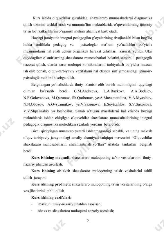 mmolarini tahlil qilish; · ijtimoiy-psixologik trening shaxslararo munosabatlarni shakllantirishning noyob usulini o’rganish. tadqiqotning metodologik asosi. o’zbekiston respublikasi konstitutsiyasi, “ta’lim to’g’risida”gi qonun, “kadrlar tayyorlash milliy dasturi”, o’zbekiston respublikasi prezidenti sh.mirziyoyevning nutq va ma'ruzalarida maktabgacha ta’limni rivojlantirish va yanada takomillashtirishga doir fikrlari hamda yondashuvlari, o‘zbekiston respublikasi prezidentining 2017 yil 7 fevraldagi “o‘zbekiston respublikasini yanada rivojlantirish bo‘yicha harakatlar strategiyasi to‘g‘risida” gi pf-4947-sonli farmoni, o‘zbekiston respublikasi prezidenti shavkat miromonovich mirziyoyev 19 mart 2019 yil kuni yoshlar ta’lim-tarbiyasi uchun qo‘shimcha sharoitlar yaratish, xotin-qizlar bandligini oshirishga qaratilgan kompleks chora-tadbirlarni o‘z ichiga olgan 5 ta muhim tashabbusni amaliyotga joriy etish masalalari bo‘yicha yig‘ilish materiallari; insonni ijtimoiy munosabatlar sub’ekti sifatida ma’naviy, ruhiy va ijtimoiy mohiyatini asoslovchi falsafiy va pedagogik konsepsiyalar; aksiologik (v.a.belyaev, m.v.boguslavskiy, z.i.ravkin), antropologik (b.m.bim-bad, n.d.nikondrov, v.a.slastenin) faollik (a.n.leontev, s.l.rubinshteyn) kabi metodologik yondashuvlar; pedagogik jarayonni insonparvarlashtirish va shaxsga yo’naltirilgan ta’lim (l.a.baykova, m.n.berulava, ye.v.bondarevskaya, l.k.grebenkina, s.v.panyukova va boshqalar) g’oyalari tashkil etadi. ilgari surilgan masalani hal etishda biz sh.a.amonashvili, …