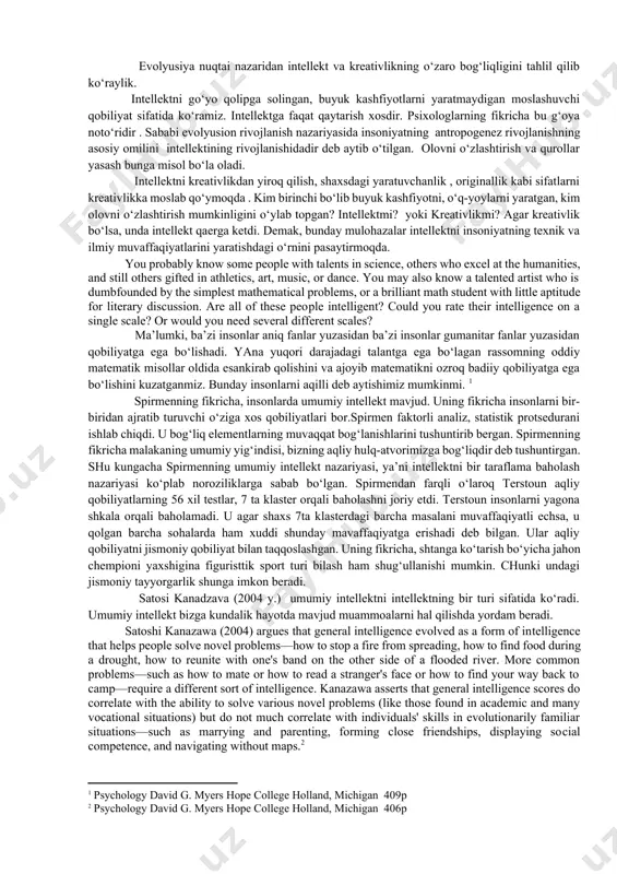 lekt koeffitsenti yuqori bo‘lgan sinaluvchilar hayotda, faoliyatda yuqori ko‘rsatkichlarni ko‘rsatishgan. iq koeffitsenti pastroq bo‘lgan sinaluvchilar ulardan farqli o‘laroq 30 marta kam yutuqlarga erishishgan. lekin intellekt va kreativlikning bir biriga bog‘liq emasligini boshqa tadqiqotlarda tadqiq etilgan. kreativlik- bu insonni hayotga moslashishi emas, balki uni o‘zgartirishidir. kreativlikning asosiy omili bu insonning dezadaptatsiyasi, ya’ni uni atrof olam va ijtimoiy muhitga moslasha olmasligida deb qaralan nazariyalar ham mavjud. ba’zi olimlar shaxsning kreativlik xususiyatini tashqi olam va insonllardan yolg‘izlanish deya ta’rif berishgan. aynan real olamga nisbatan dezadaptatsiyasi mavjud bo‘lgan, moslasha olmagan inson o‘zidagi yolg‘izlikni engib o‘tish uchun ijod qilish va yangilik yaratishni boshlar ekan. a.adlerning fikricha, insondagi kreativlik o‘zida mavjud bo‘lgan noto‘liqlik kompleksini to‘ldirish vositasi deb bilgan. empirik tadqiqotlarda ko‘rsatilishicha, ijodkor qobiliyatli bolalar shaxsiy va emotsional sohada jiddiy muammolarga duch kelishadi. tadqiqotlarda bunday bolalarning maktabda erishayotgan natijalari ularning imkoniyatlaridan past chiqanini kuzatishimiz mumkin. kreativlik va intellektni qarama-qarshi qo‘ygan olimlardan yana biri dj. gilvord bo‘lib, u …
