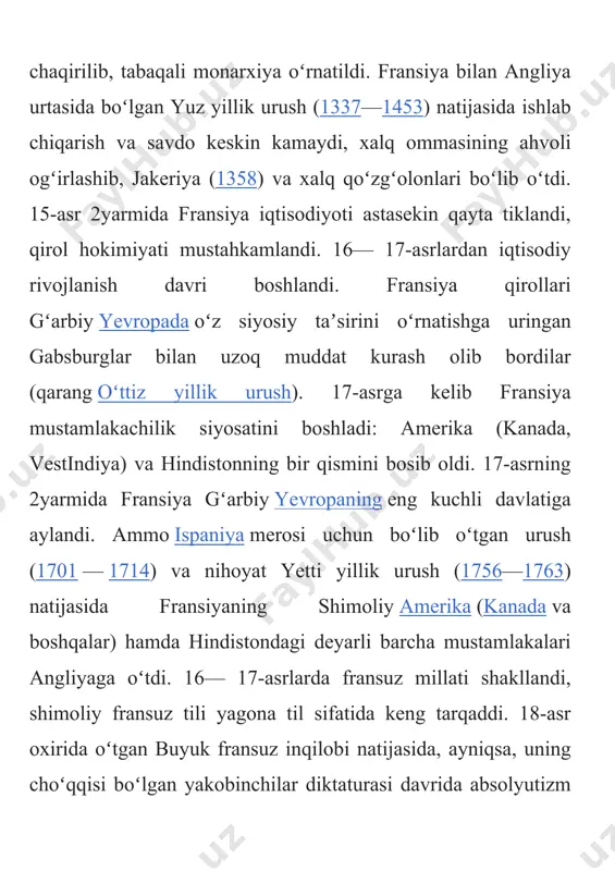 i. 1875-yil milliy majlis tomonidan uchinchi respublika (1870— 1940) konstitutsiyasi kabul qilindi. 19-asr oxiriga kelib, fransiya mustamlakachilik imperiyasi koʻlami va iqtisodiy ahamiyati jihatidan buyuk britaniyadan soʻng 2oʻringa chiqdi. 20-asr boshlarida fransiya sanoati tez surʼatda rivojlandi, lekin u birinchi jahon urushigacha agrarindustrial mamlakat boʻlib qolaverdi. fransiya bilan olmoniya oʻrtasidagi ziddiyatlar kuchayishi sababli 1891—1893-yillarda fransiya — rossiya ittifoqi tashkil topdi. bu ittifoq 1904 y.gi fransiya— buyuk britaniya bitimi bilan antantanp tashkil etishda muhim rol oʻynadi. fransiya birinchi jahon urushi (1914—1918)da qatnashdi. olmoniyaning urushdagi harbiy magʻlubiyatidan foydalanib, fransiya yevropada oʻzining hukmronligini oʻrnatishga harakat qildi. 30-yillardagi jahon iqtisodiy boʻhroni fransiyada boshqa mamlakatlarga nisbatan kechroq boshlandi va uzoqroq davom etdi. mamlakatda fashistik guruhlar faollasha boshladi. fashizm xavfiga qarshi fransiyadagi demokratik kuchlar xalq frontiga uyushib, harakat qildilar (1935). 1936-yil iyunda xalq fronti madadiga tayangan hukumat tuzildi. 1938-yil boshlarida reaksiya kuchlari xalq frontiga rahna solib, yangi xukumat tuzishga muvaffaq boʻldilar. 1939-yil 3-sentabrda fransiya olmoniyaning fransiya ittifoqchisi boʻlgan …