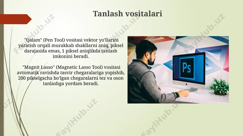 "warp" (egilish) vositasi yordamida matnni 3 o'lchovli ko'rinishga keltirishingiz, uni 15 darajagacha burishingiz va shaklini o'zgartirishingiz mumkin. photoshop’da matn bilan ishlashda 70 dan ortiq turli xil shriftlar mavjud bo'lib, ularning har biri o'ziga xos uslub va o'lchamlarga ega. siz shriftning kattaligini, rangini va boshqa ko'plab parametrlarini o'zgartirishingiz mumkin. ranglar bilan ishlash photoshop’da 16 millionlab ranglarni rgb yoki cmyk rang modellari orqali aniq va tezkor tarzda boshqarish imkoniyati mavjud bo'lib, bu yuqori sifatli tasvirlar yaratishga yordam beradi. photoshopning "color balance" vositasi yordamida tasvirdagi ranglarning umumiy muvozanatini 3 rang kanali (qizil, yashil, ko'k) bo'yicha o'zgartirish va ranglarning haroratini sozlash mumkin. interfeys va asboblar paneli asboblar paneli turli xil tanlash, tahrirlash va rasm yaratish vositalarini, masalan, cho'tka (brush tool), qalam (pen tool) va to'ldirish (fill tool) kabi 20 dan ortiq vositani o'z ichiga oladi. photoshop interfeysi menyular, panellar va ish maydonidan iborat bo'lib, 100 dan ortiq turli vositalar va filtrlarni o'z ichiga oladi. …
