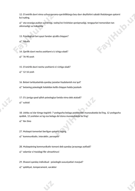 berilgan qatorni toping. a)* kommunikativ, interaktiv, perseptiv 28. muloqotning kommunikativ tomoni deb qanday jarayonga aytiladi? a)* odamlar o’rtasidagi fikr almashinuvi 29. shaxsni qanday individual - psixologik xususiyatlari mavjud? a)* qobiliyat, temperament, xarakter 30. guruh deganda nimani tushunasiz? a)* muayyan belgi, maqsad, tashkil topish xususiyatiga qarab birlashgan insoniy umumiylik 31. guruh turlari to’liq ko’rsatilgan qatorni toping? a)* shartli, real, tabiiy, rasmiy, norasmiy, referent, katta va kichik 32. shartli guruh bu - ...... a)* jamiyatda faqatgina nom jihatdan mansub guruh 33. referent guruh bu - …… a)* real yoki xayolan mavjud bo’lgan guruh bo’lib, uning qarashlari, qonun-qoidalari namuna bo’lib hisoblanadi 34. liderni tanlash bo‘yicha xususiyatlar nazariyasi nimaga asoslanadi? a)* tug‘ma sifatlar 35. shaxs tomonidan guruh o’rnatgan qoida va normalarni qabul qilish va ularga moslashish hodisasi psixologiyada qanday nomlanadi? a)* konformizm 36. o’quvchingiz quvnoq, kayfiyati tez o’zgaradigan, tinib tinchimas, qiziquvchanligi barqaror, boshlagan ishini turli yo’llar bilan bajara oladigan chaqqon bola, aytingchi bu bola …