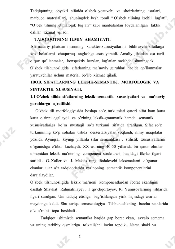 iyingi yillarda sifar semantikasi , stilistik xususiyatlarini o’rganishga e’tibor kuchaydi. xx asirning 40-50 yillarida bir qator olimlar tomonidan leksik ma’noning component strukturasi haqidagi fikrlar ilgari surildi . g. xoller va j. maksis rang ifodalovchi leksemalarni o’rganar ekanlar, ular o’z tadqiqotlarida ma’noning semantik komponentlarini darajalaydilar. o’zbek tilshunosligida leksik ma’noni komponentlardan iborat ekanligini dastlab shavkat rahmatillayev , i qo’chqortoyev, r. yunusovlarning ishlarida ilgari surulgan. uni tadqiq etishga bag’ishlangan yirik hajmdagi asarlar maydonga keldi. shu tariqa semaseologiya tilshunoslikning barcha sathlarida o’z o’rnini topa boshladi . tadqiqot ishimizda semantika haqida gap borar ekan, avvalo semema va uning tarkibiy qismlariga to’xtalishni lozim topdik. narsa shakl va mazmun yaxlitligidan iborat leksik butunlik bo’lgani kabi ieksema ham tashqi va ichki jihatdan tashkil topadi. leksrmaning tashqi qobig’i nomema deb ataladi. nomema deganda leksemaning moddiy tomonini tashkil etgan fonemalar hosilasi- nutq tovushlari nazarda tutiladi. leksemaning ichki, mazmuniy tomoni sememe diyiladi. semema ongda aks etgan narsa, belgi, harakat kabi tushunchaning …